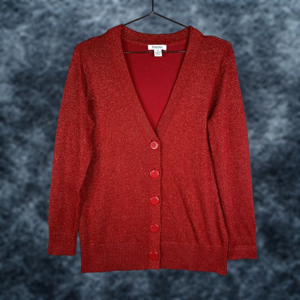 Vintage Hampshire Studio Sweater Womens M Red Cardigan V-Neck Button Up Glitter Knit Cotton Blend Size M / US 6-8 / IT 42-44 - 1 Thumbnail