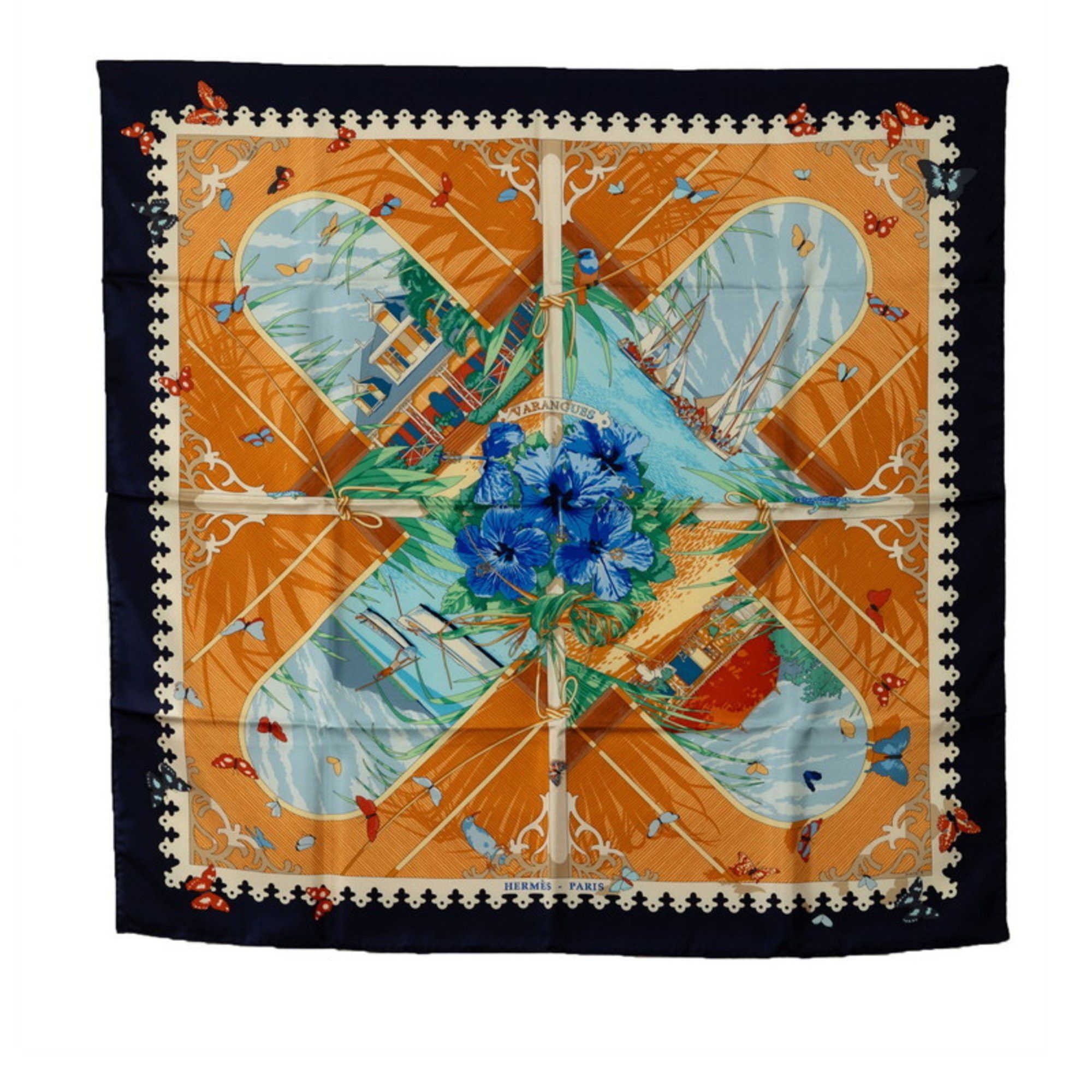 image of Hermes Carre 90 Varangues Veranda Scarf Muffler Navy Blue Multicolor Silk Women's Hermes