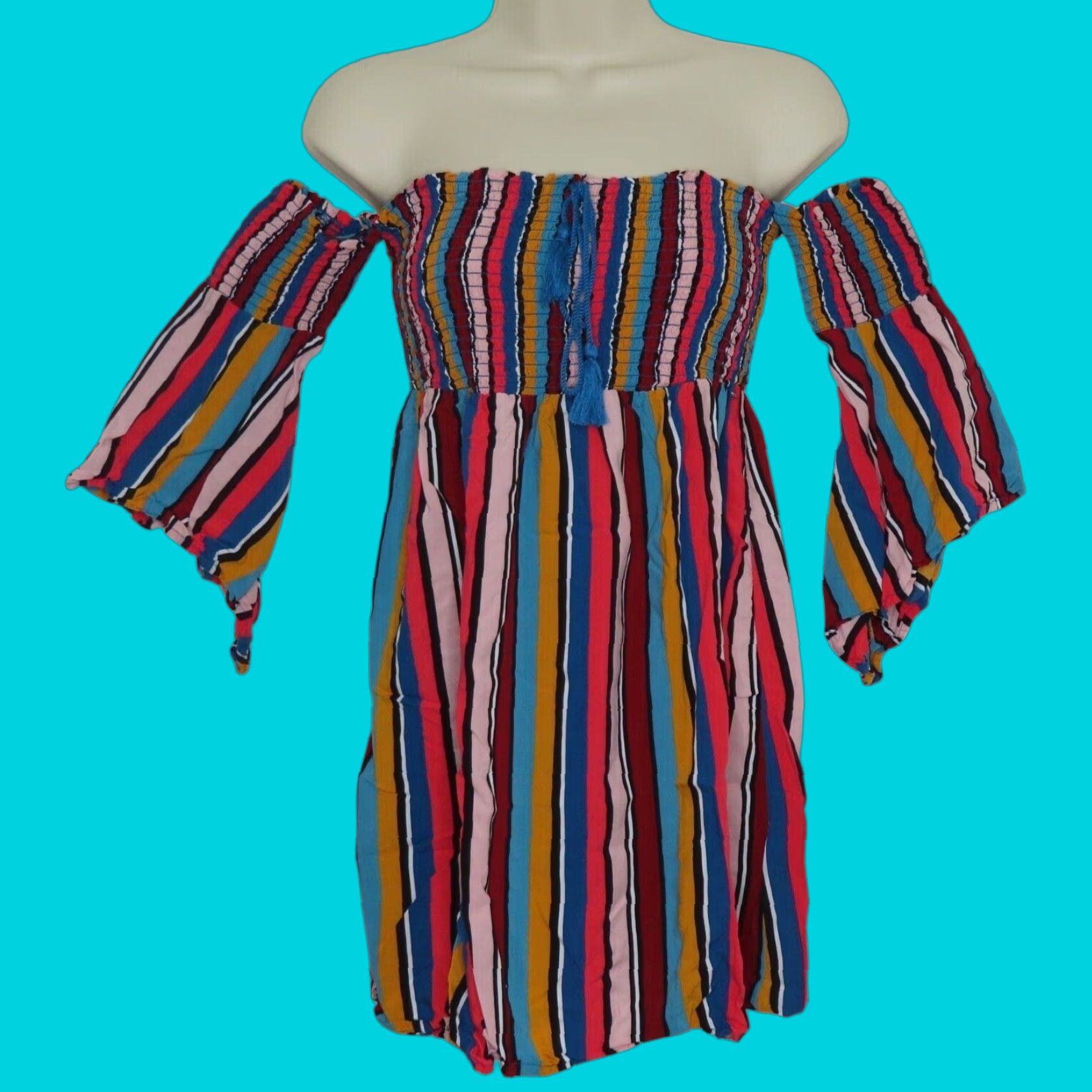 Guess GUESS Womens XS Off Shoulder Striped Sundress Smocked Multicolor Dress Sundress Size XS / US 0-2 / IT 36-38 - 1 Thumbnail