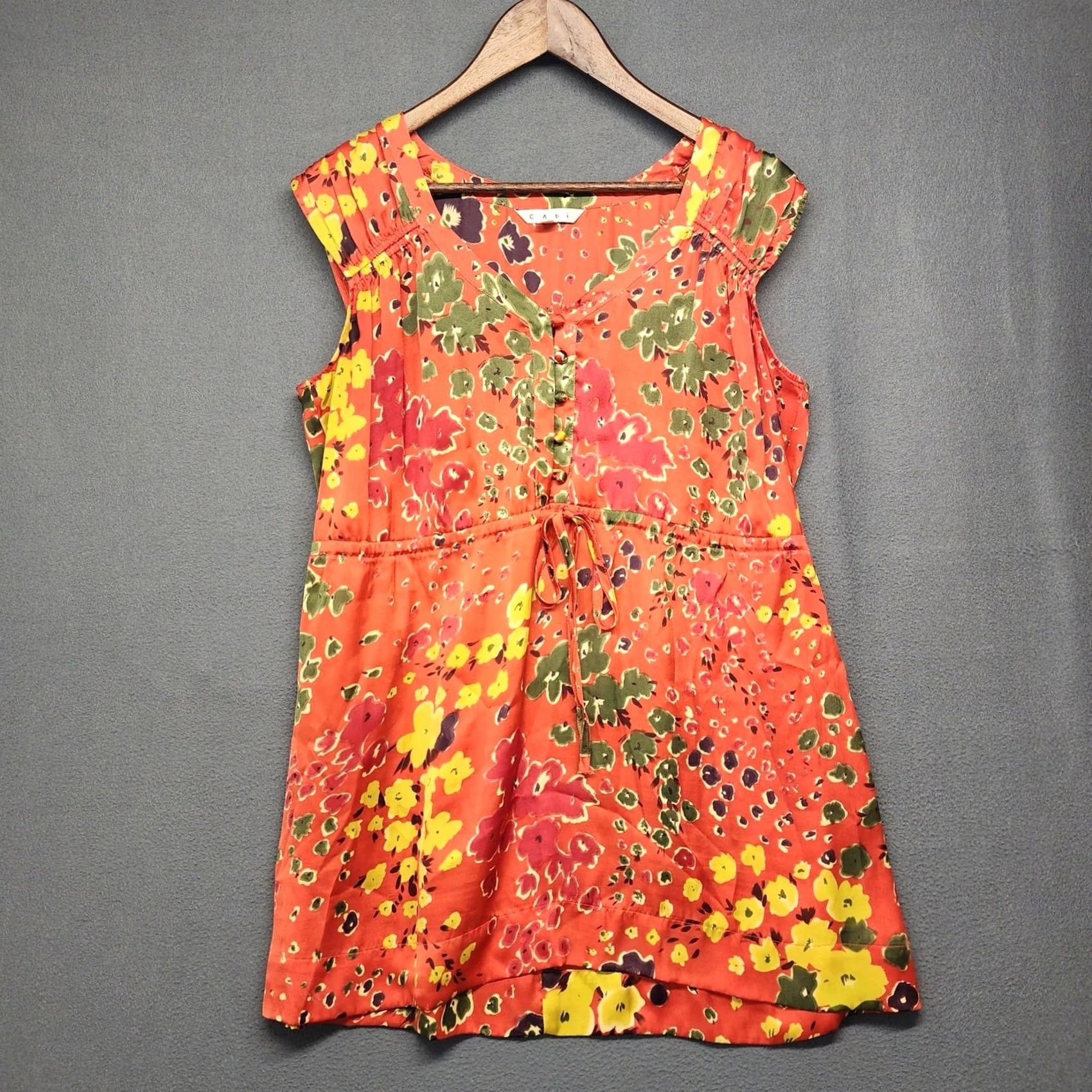 Vintage CAbi Top Womens Large Orange Floral Tie Waist Sleeveless Buttons Shirt Size L / US 10 / IT 46 - 2 Thumbnail