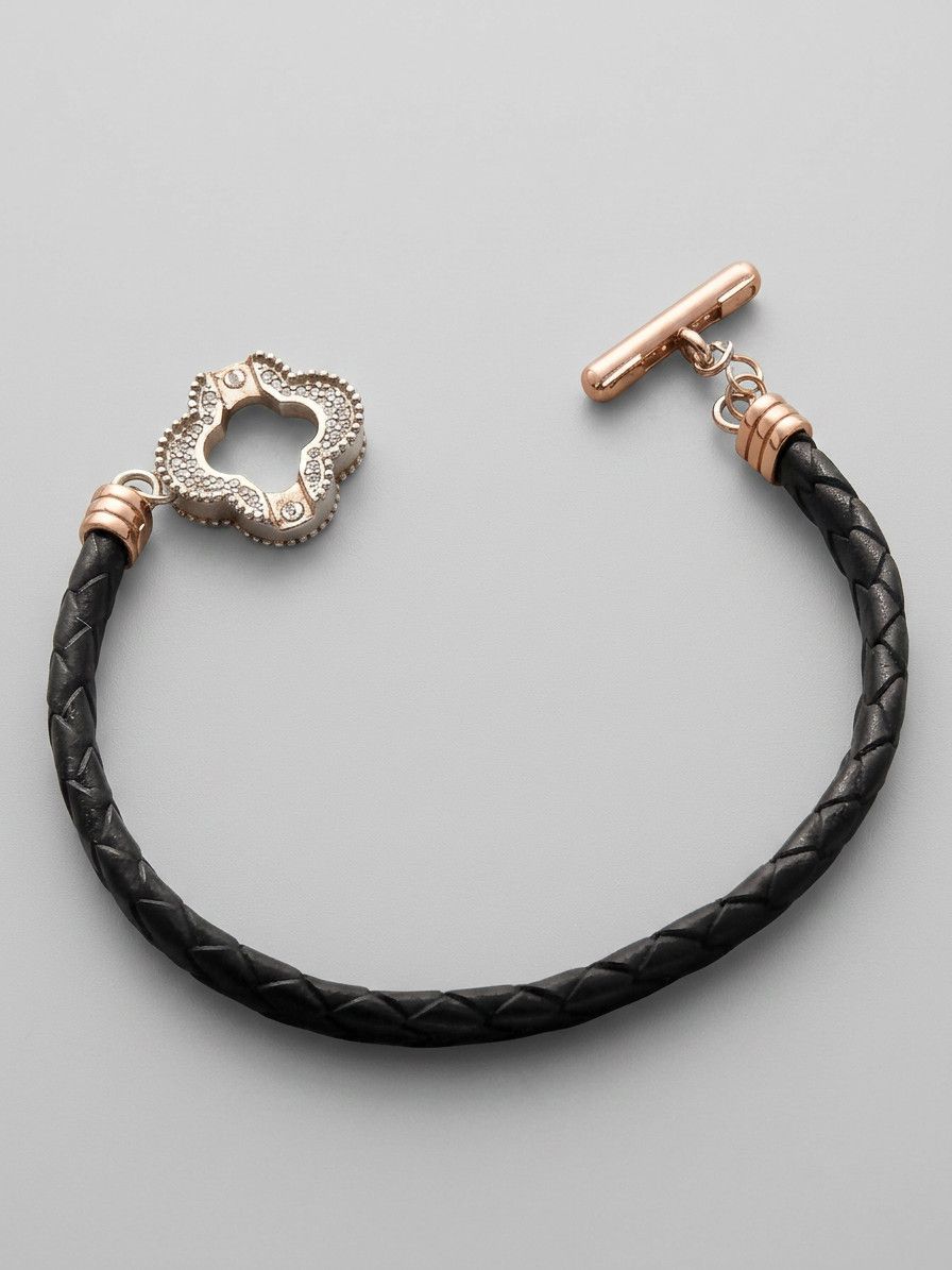 Sterling Silver 925 Silver Clover Diamond Set Bracelet Black Leather Size ONE SIZE - 7 Thumbnail
