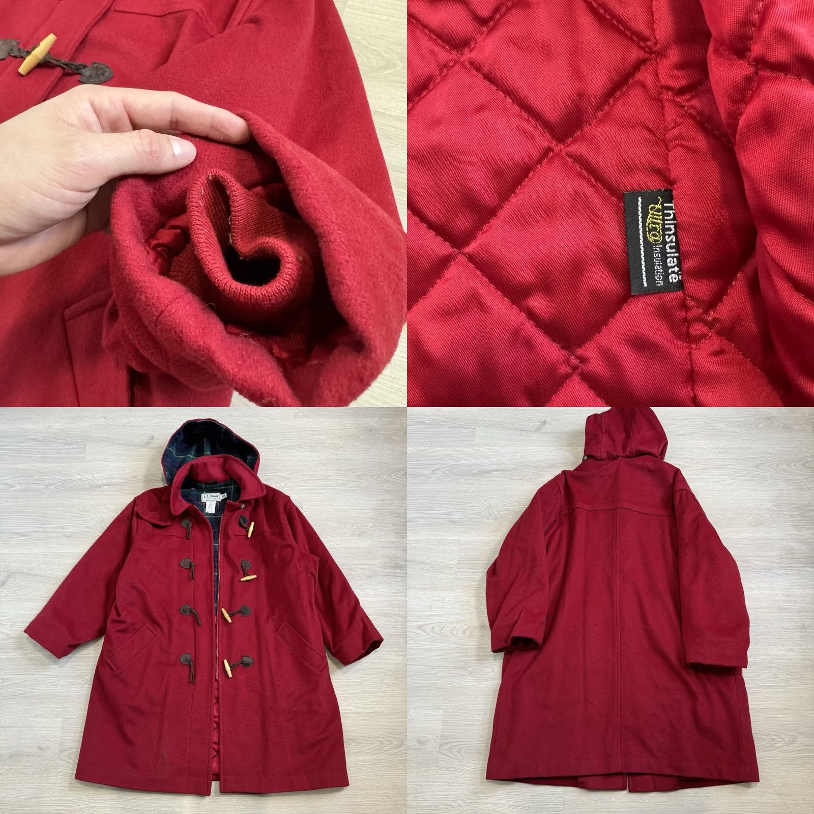 Vintage VINTAGE L.L. Bean Duffel Coat Jacket Women’s Long Red Lambswool Hooded Plaid Lined Toggle Size 3XL / US 20-22 - 8 Thumbnail
