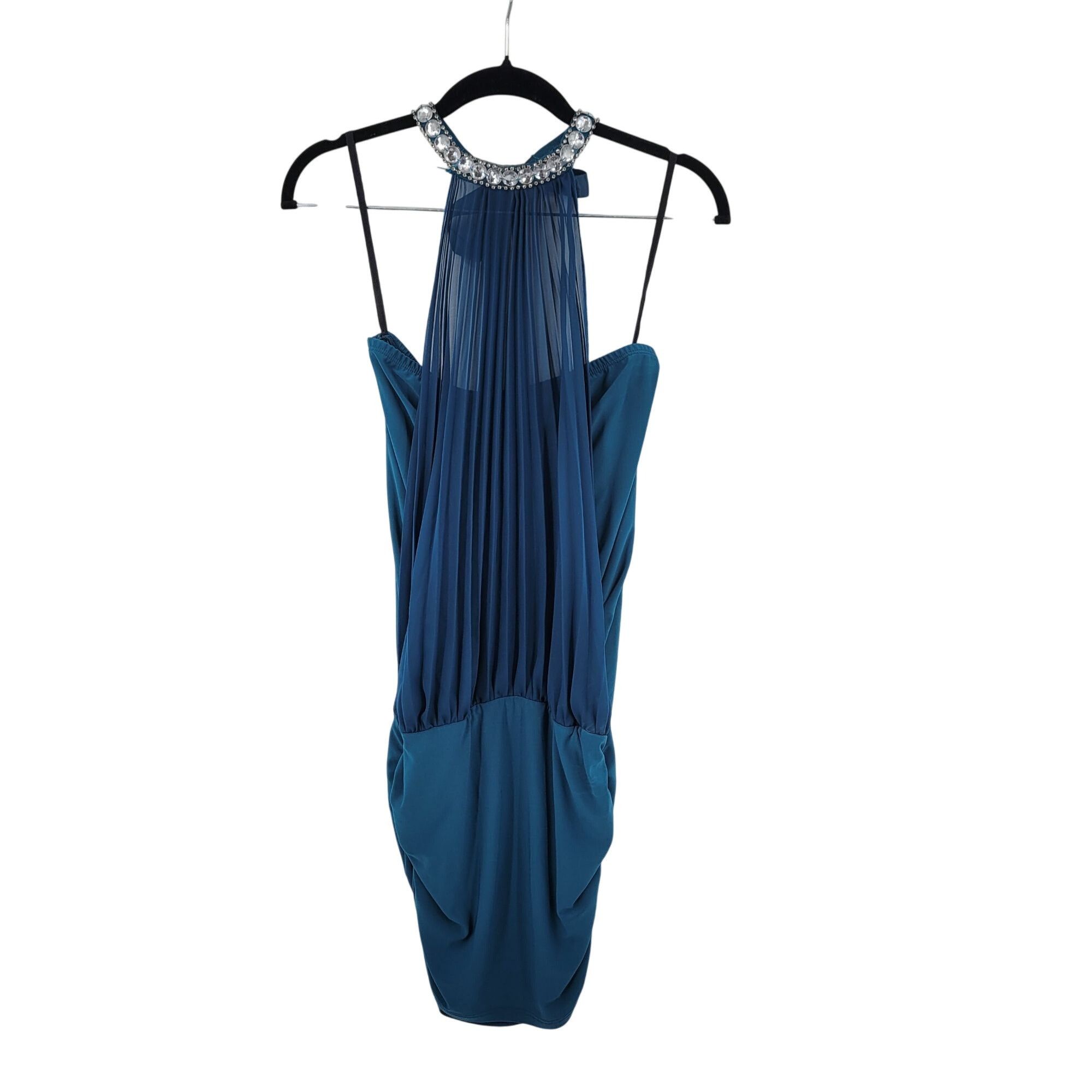Vintage Vtg Sexy Shear Mini Party Dress Sz M Teal Jeweled Pleated Ha Size M / US 6-8 / IT 42-44 - 13 Thumbnail