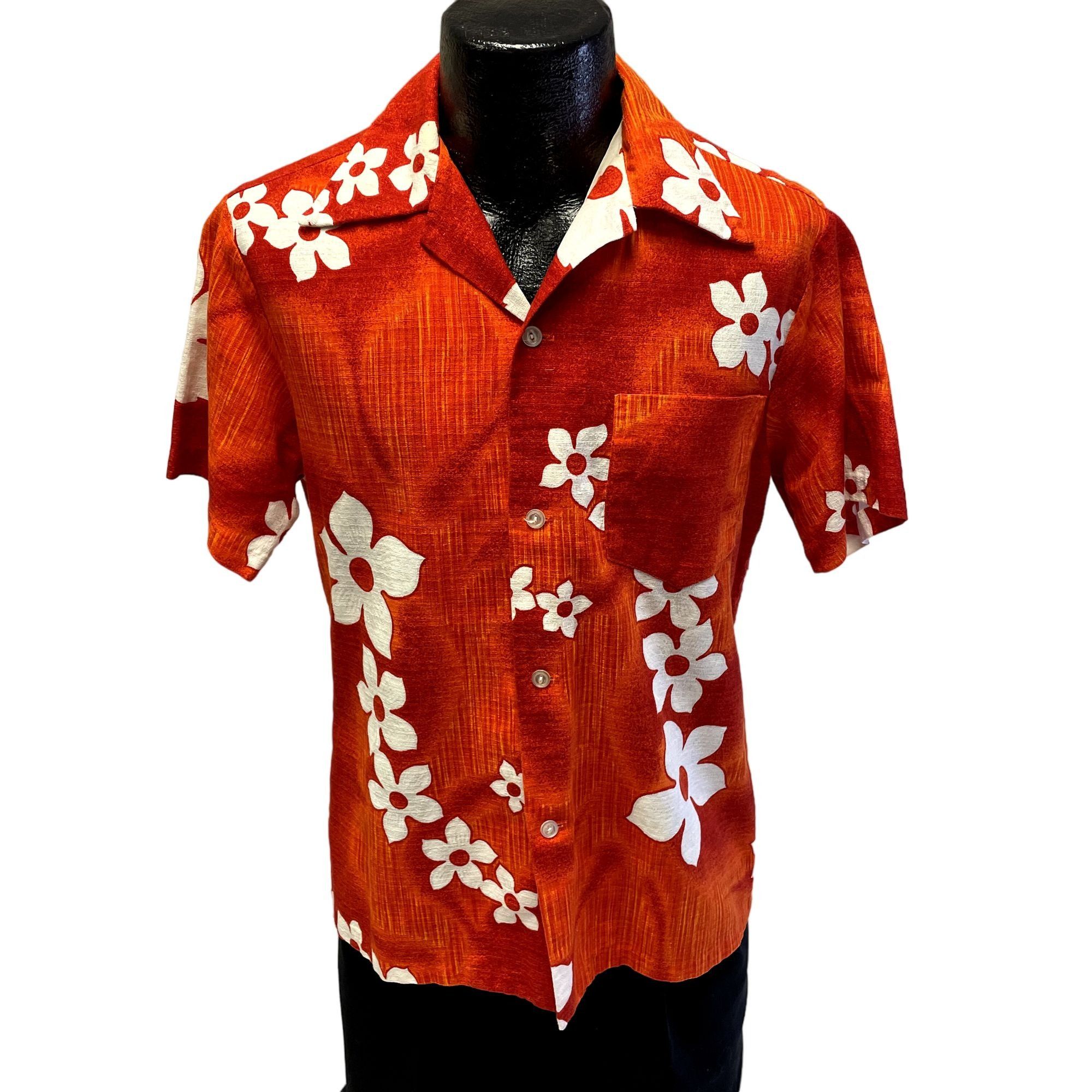 image of Jc Penney 60's Penneys Floral Hawaiian Barkcloth Mod Surfer Surf Shirt in Orange (Size Medium)