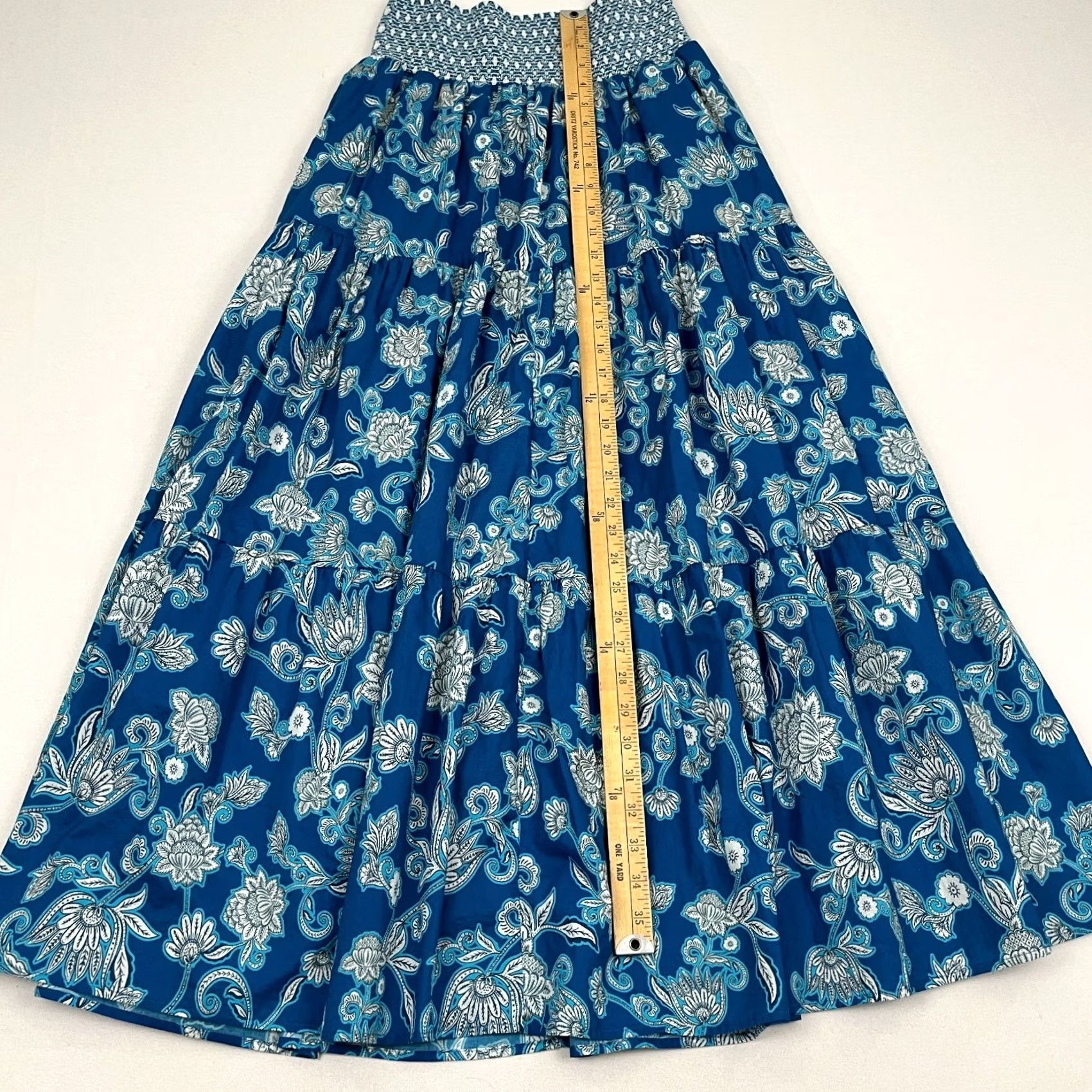 Vintage Wrap London Maxi Skirt Women UK 10 US 6 Blue Floral Elastic Smocked Pockets Boho Size 28" / US 6 / IT 42 - 4 Thumbnail