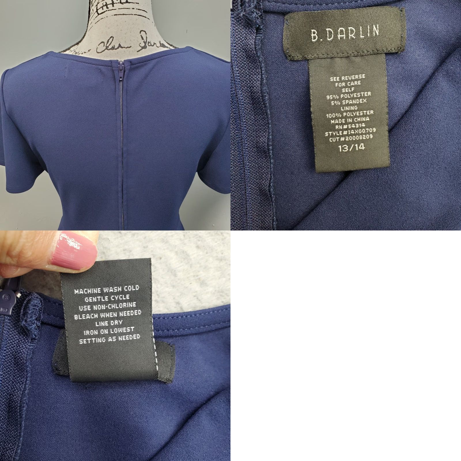 Vintage B. Darlin Womens Navy Cap Sleeve Mini Dress 13/14 Lined Back Zip V-Neck Short Dress Size XL / US 12-14 / IT 48-50 - 8 Thumbnail