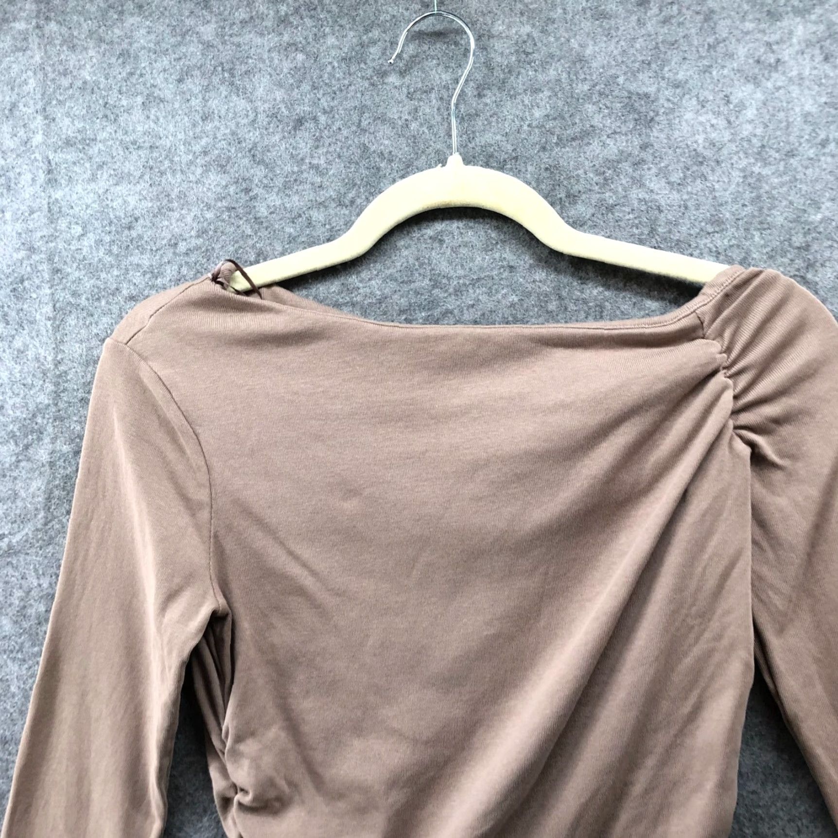 Zara Zara T-Shirt Womens M Asymmetric Long Sleeve Boat Neck Beige - Cotton Spandex Knit Basic Shirt Casual Size M / US 6-8 / IT 42-44 - 3 Thumbnail