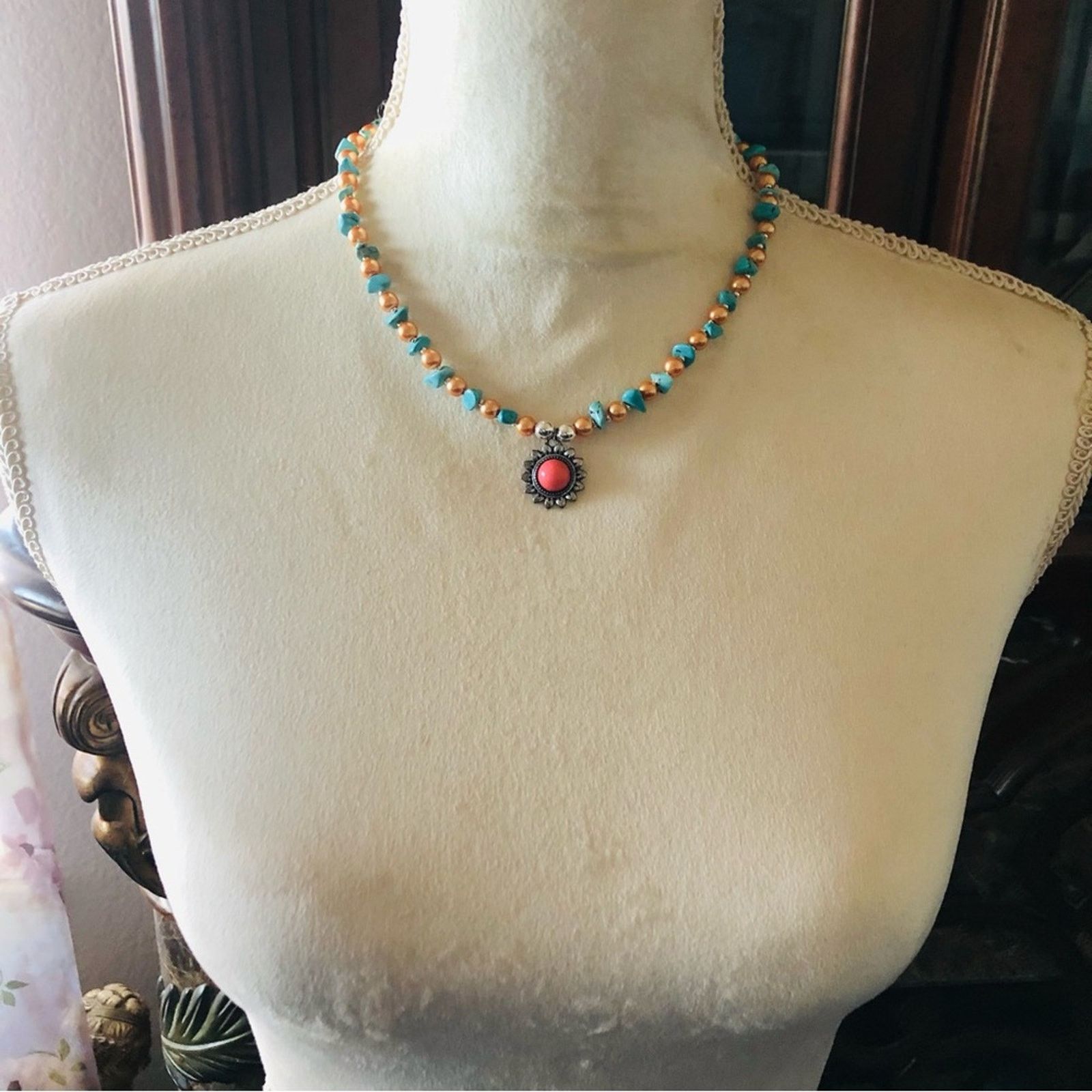 Handmade Handcrafted southwest style red coral howlite stone necklac Size ONE SIZE - 4 Thumbnail
