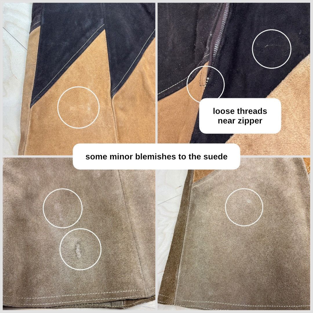 Vintage 1970s Brown Patchwork Suede Leather A-Line Midi Skirt Size 25" / US 0 / IT 36 - 4 Thumbnail