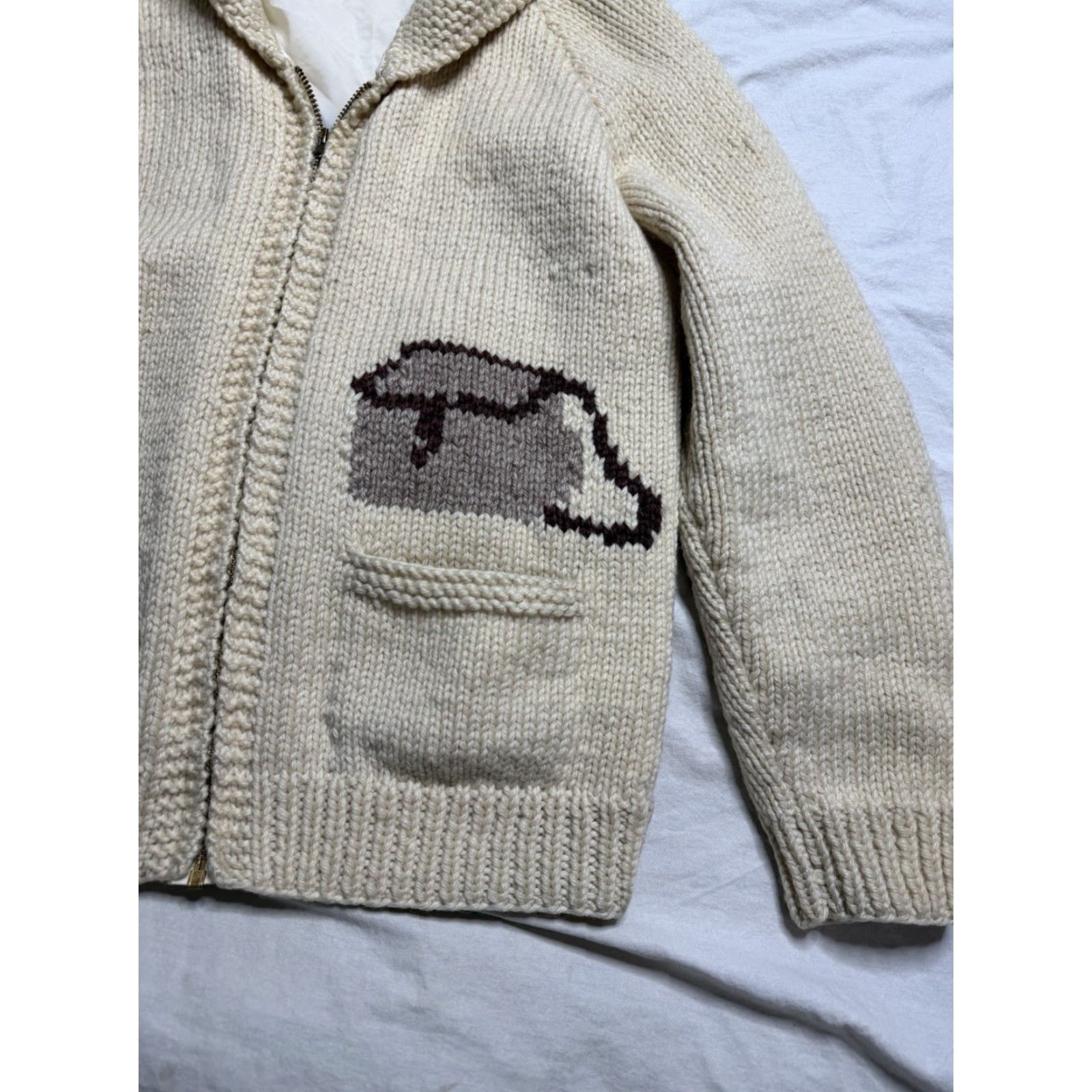 VINTAGE Cowichan Hand Knit Zip up Sweater Fishing Salmon Trout Basket M Beige 1950s Knit Rockabilly Mens