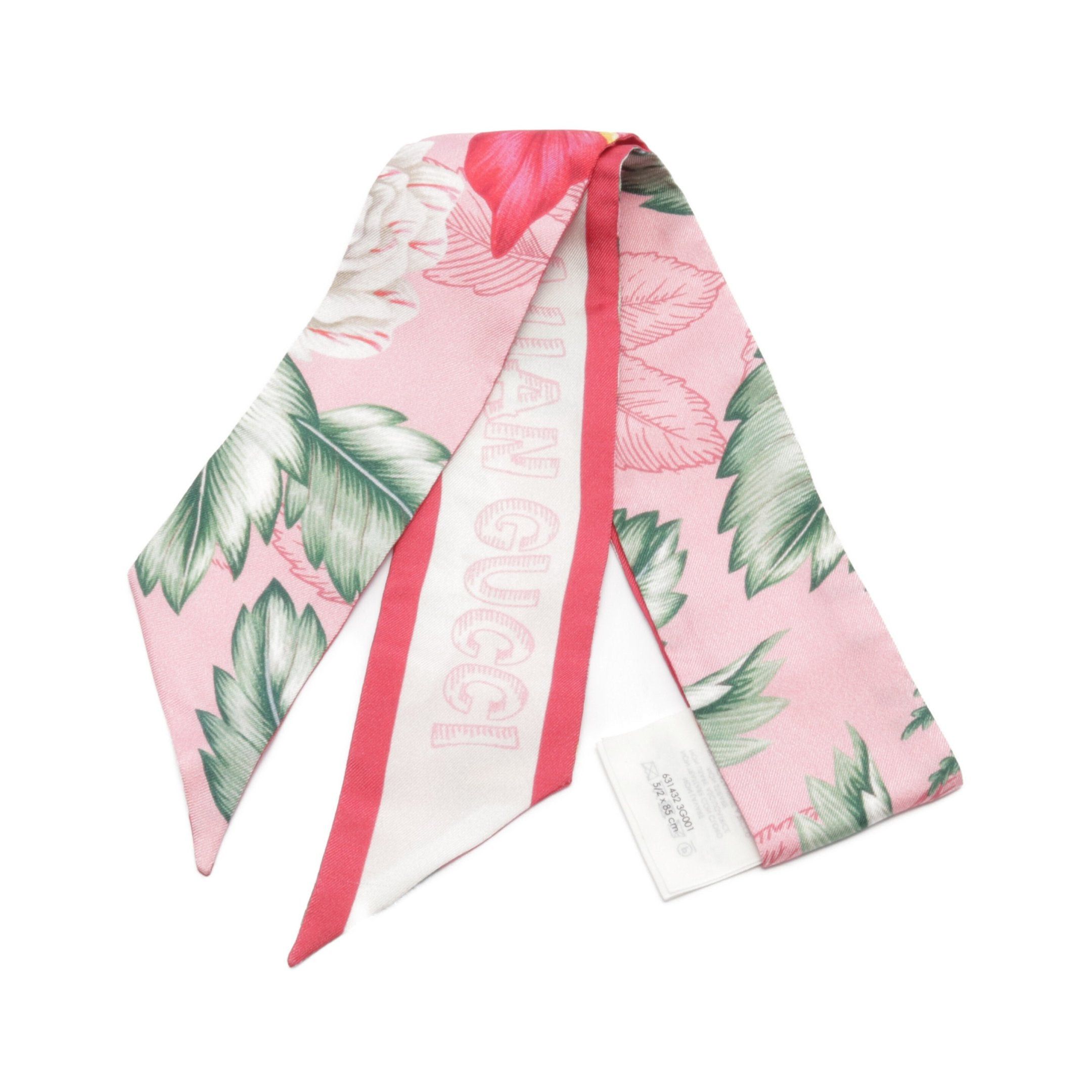 Gucci Gucci Neck Bow Ribbon Scarf Botanical Pattern Silk Pink Multicolor Size ONE SIZE - 1 Thumbnail