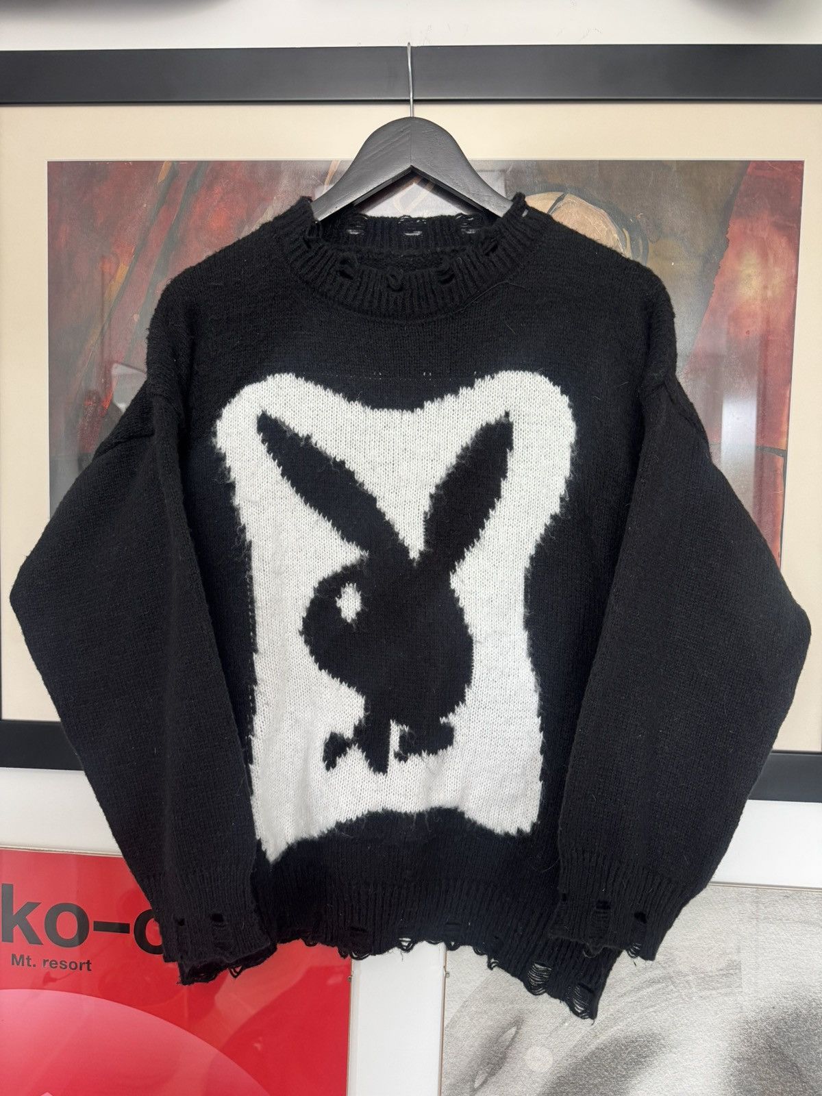 Playboy Playboy Distressed Knit Sweater Avant Garde Big Logo Black Size US S / EU 44-46 / 1 - 1 Thumbnail