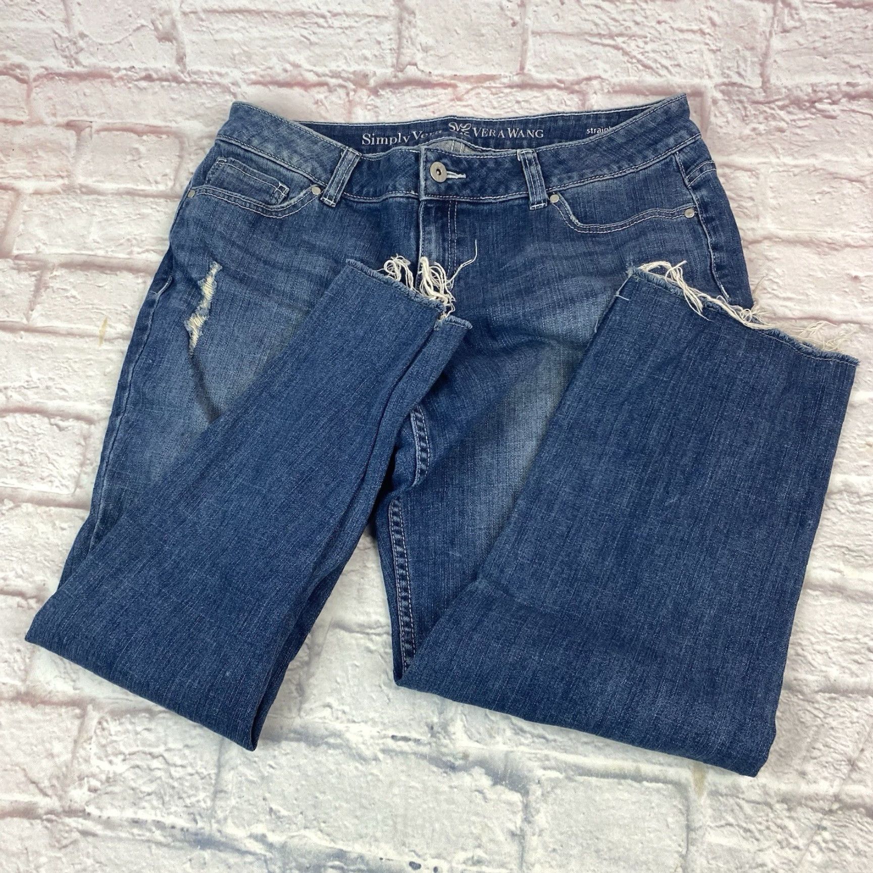 Vera Wang Vera Wang Simply Vera Womens Jeans Straight Leg Distressed Mid Rise Crop Size 12 Blue Denim 5-Pocket Mens Womens Size 34" / US 12 / IT 48 - 2 Thumbnail