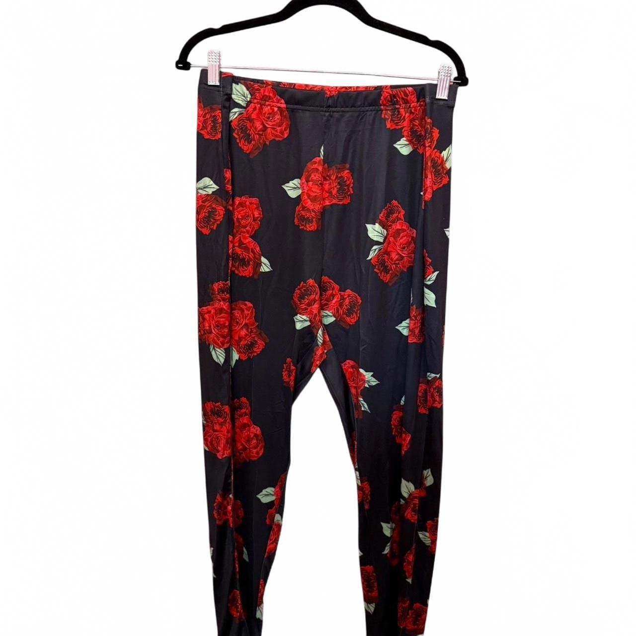 Designer Floral Print Leggings - Black with Red Roses Size 30" / US 8 / IT 44 - 3 Thumbnail