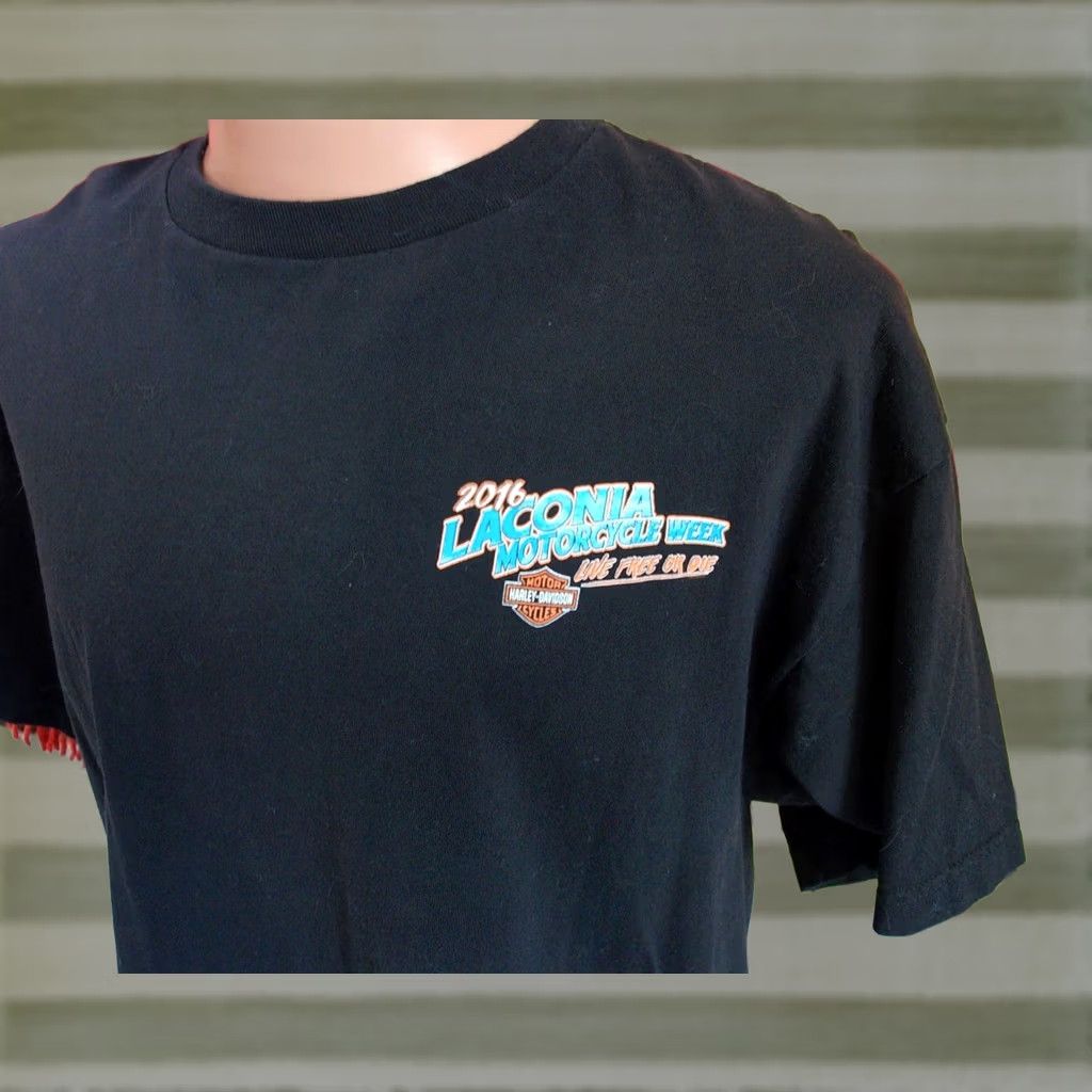 Harley Davidson Harley-Davidson Motorcycles Shirt Mens 2XL Black Graphic Print Double-Sided Laconia Bike Week Meredith NH USA 2016 Vintage? No Size US XXL / EU 58 / 5 - 1 Thumbnail