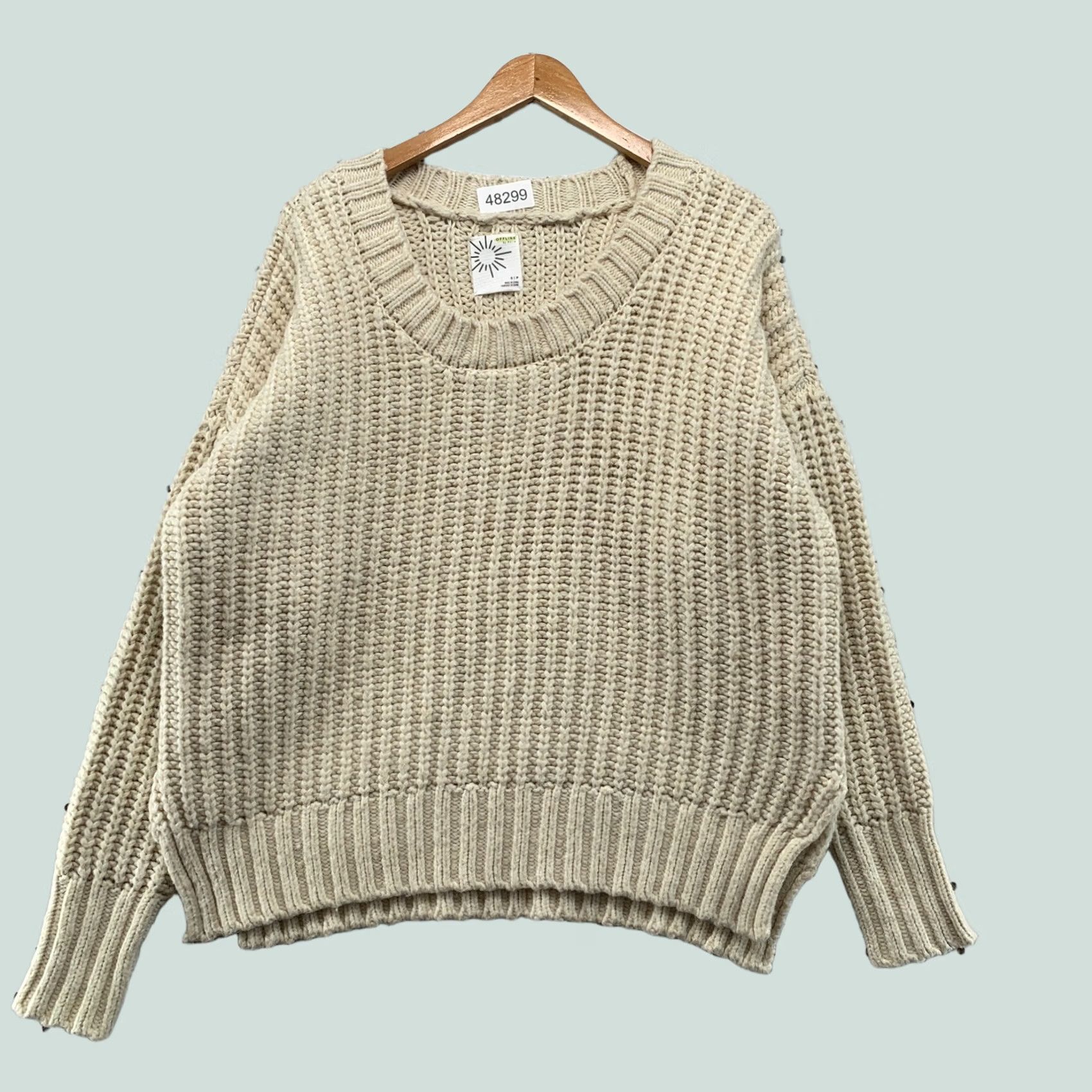 Vintage OFFLINE by Aerie Sweater Women S Cream Ivory Chunky Knit Crewneck/Heavy Ribbed Knit Pullover Oversized Casual Winter Size S / US 4 / IT 40 - 1 Thumbnail