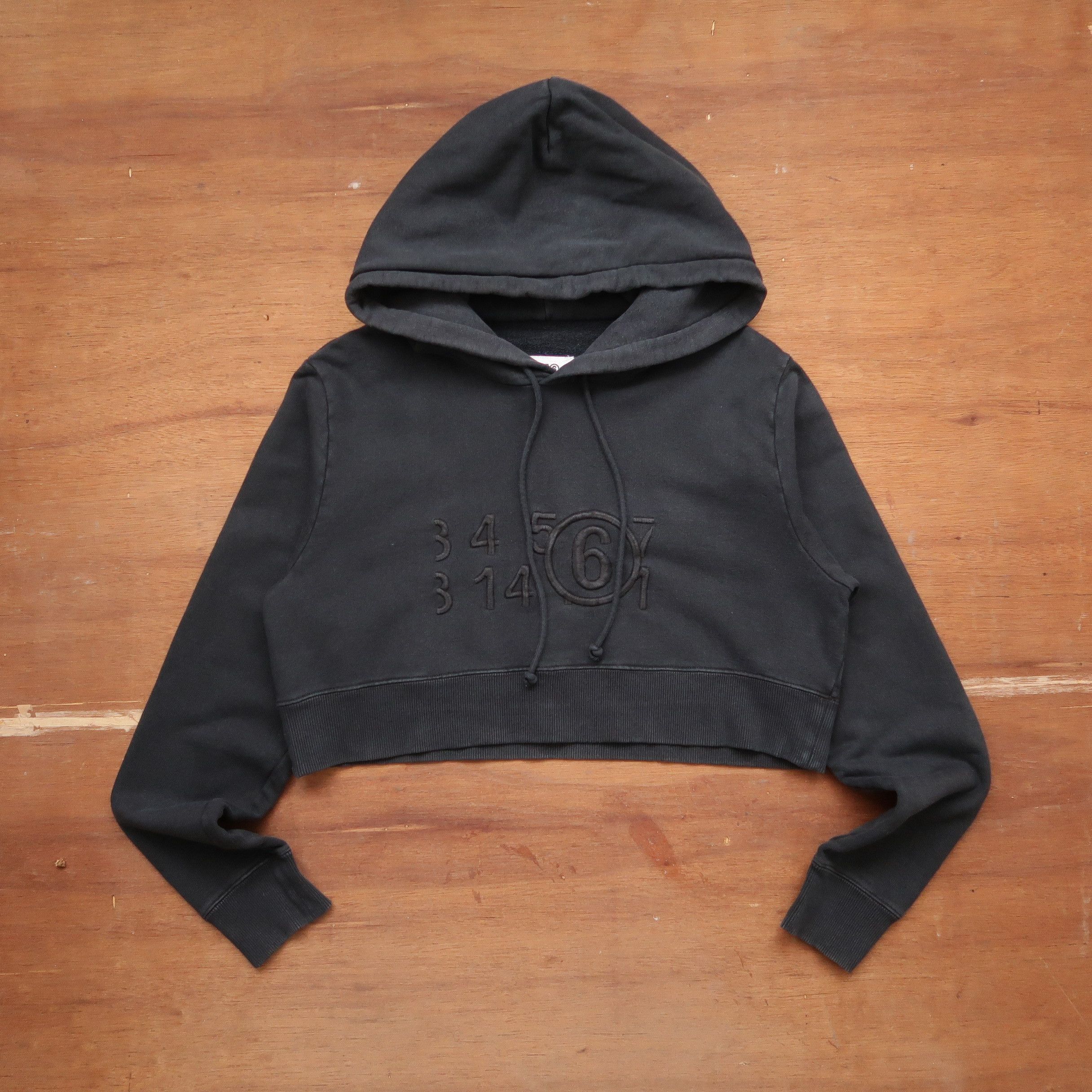 Pre-owned Maison Margiela Mm6  Embroidered Number Cropped Hoodie In Faded Black
