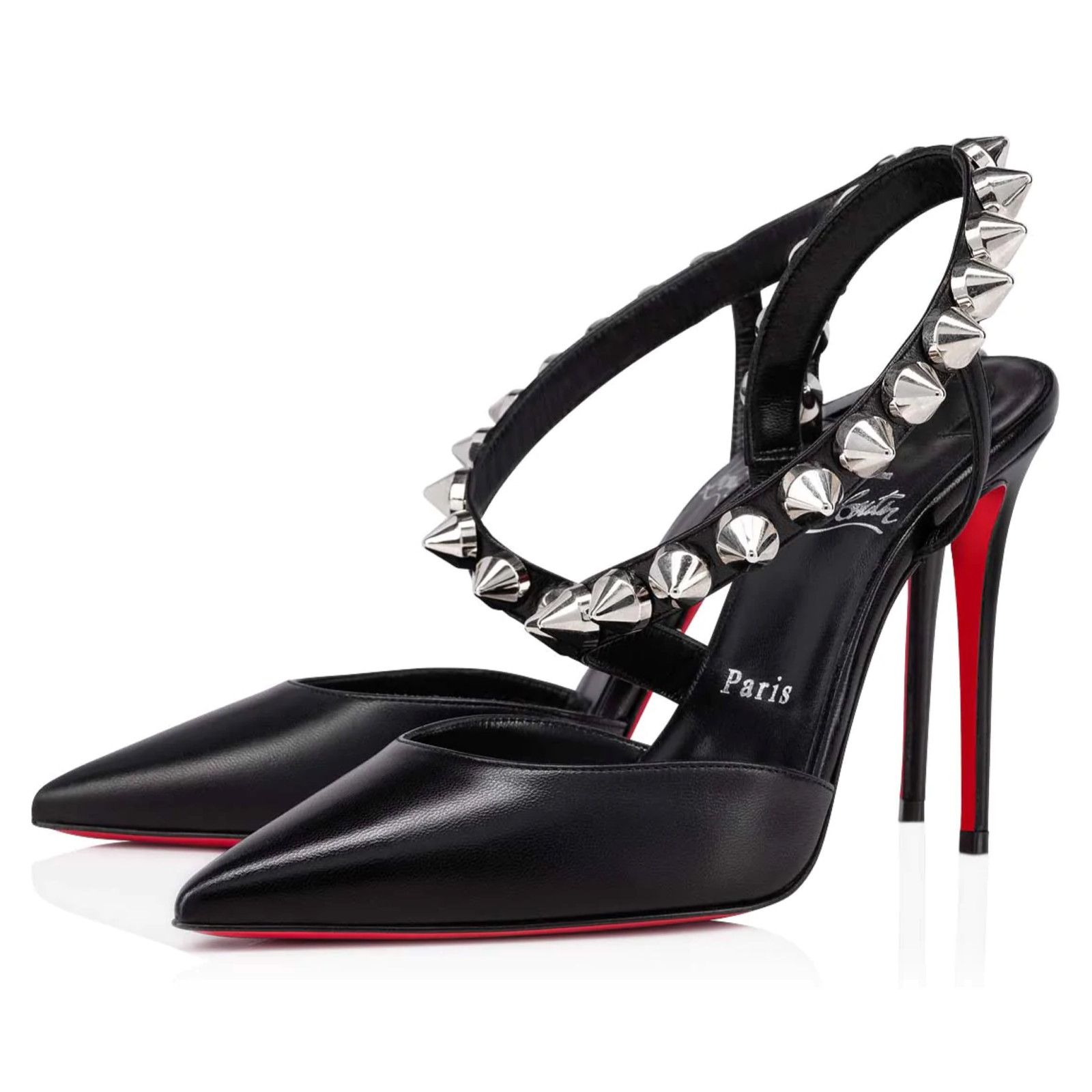 Christian Louboutin Spikita Pump 100 Black Silver Spike Strappy Sandal Heel 39 Size US 9 / IT 39 - 1 Thumbnail