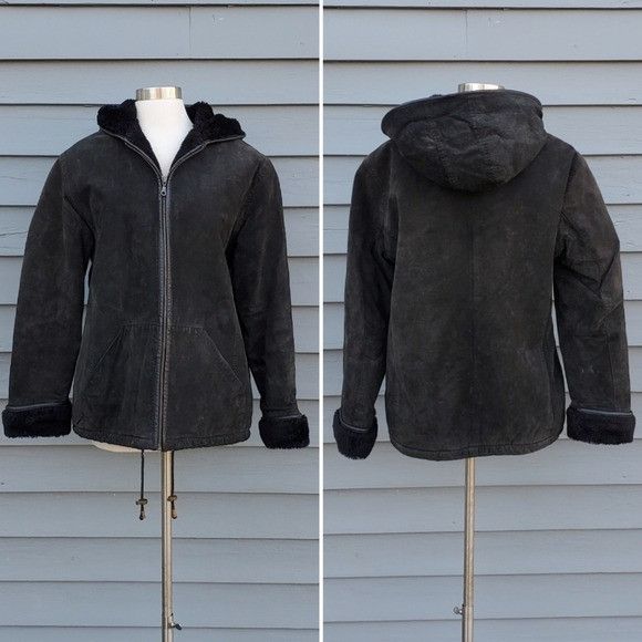 Vintage Vintage 90s y2k Black Suede Leather Faux Fur Lined Hood Coat Size S / US 4 / IT 40 - 1 Thumbnail