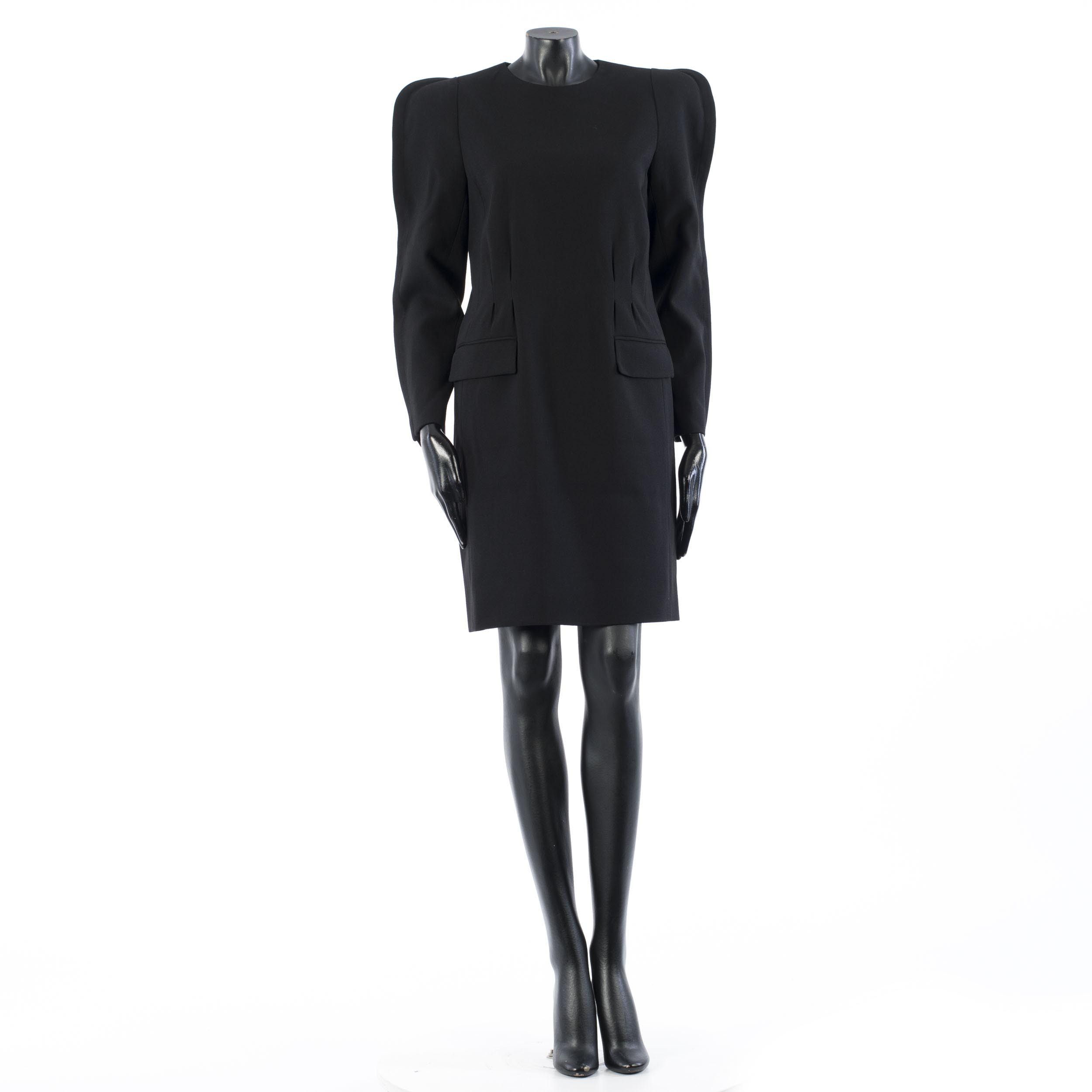 Givenchy Black Crepe Wool Mini Dress - Padded Shoulders, Belt Size M / US 6-8 / IT 42-44 - 1 Thumbnail