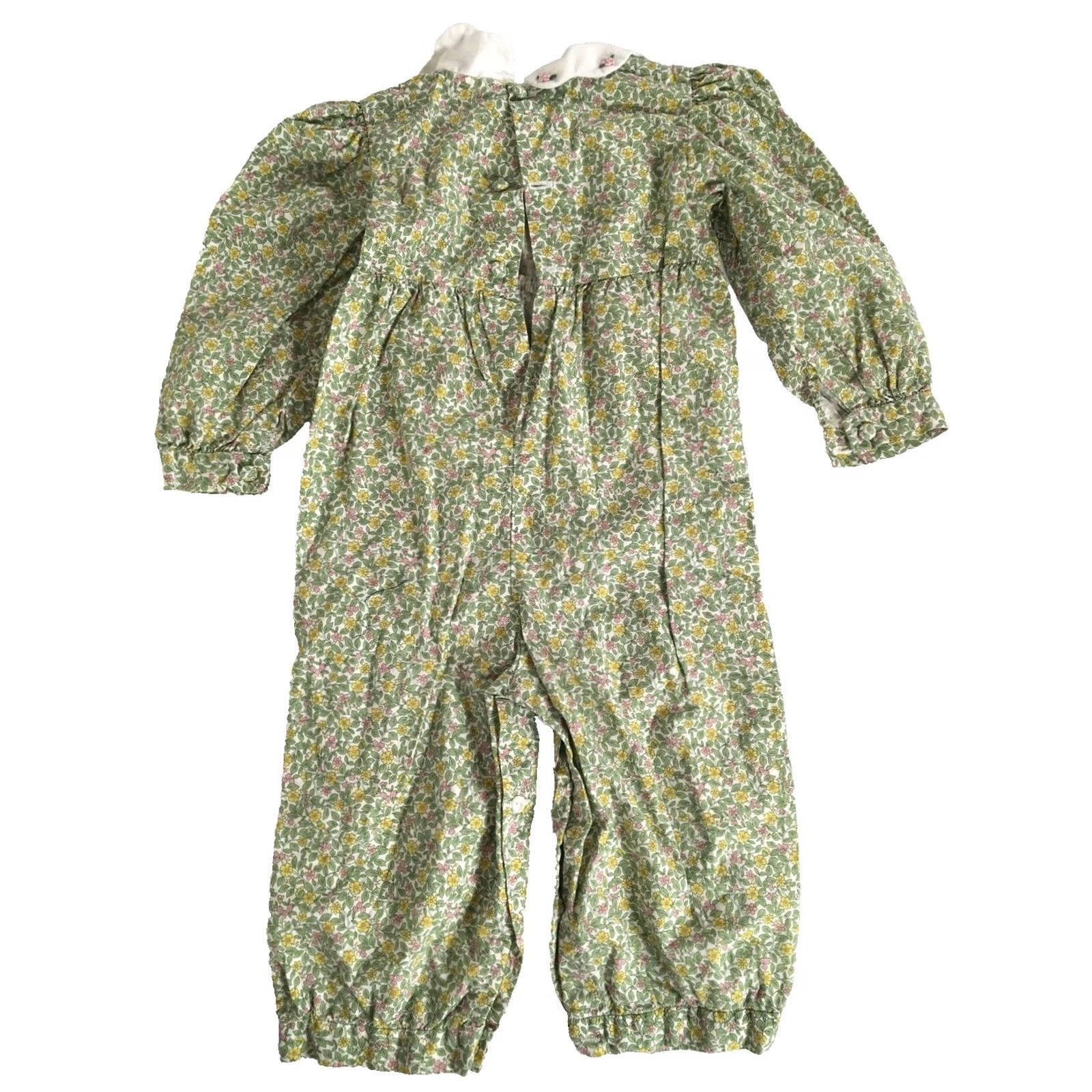 Vintage VINTAGE Orient Green Floral Bib Collar Romper with Buttons Girls 18 Months 1980s Cotton Long Sleeve Size ONE SIZE - 2 Thumbnail