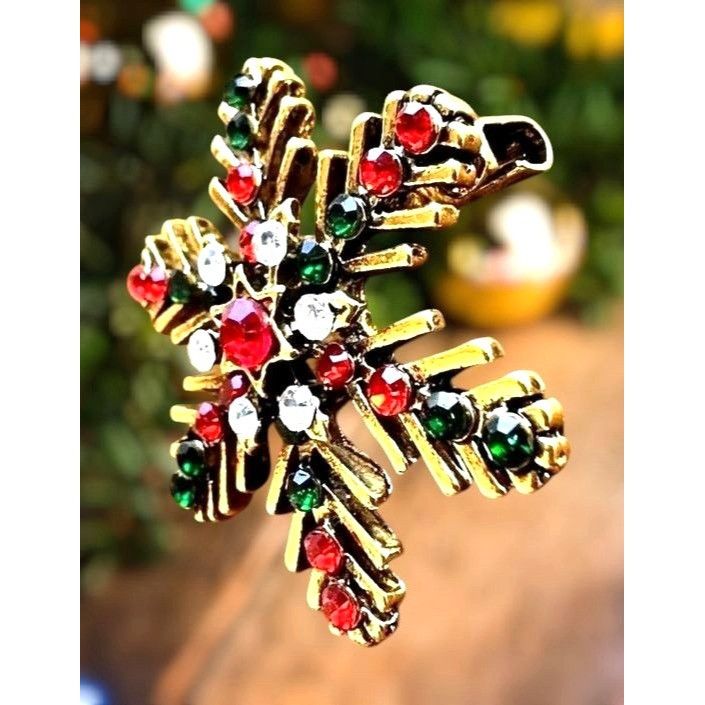 Handmade Christmas Snowflake Brooch Pin Star Red Green Crystal Accent Size ONE SIZE - 4 Thumbnail