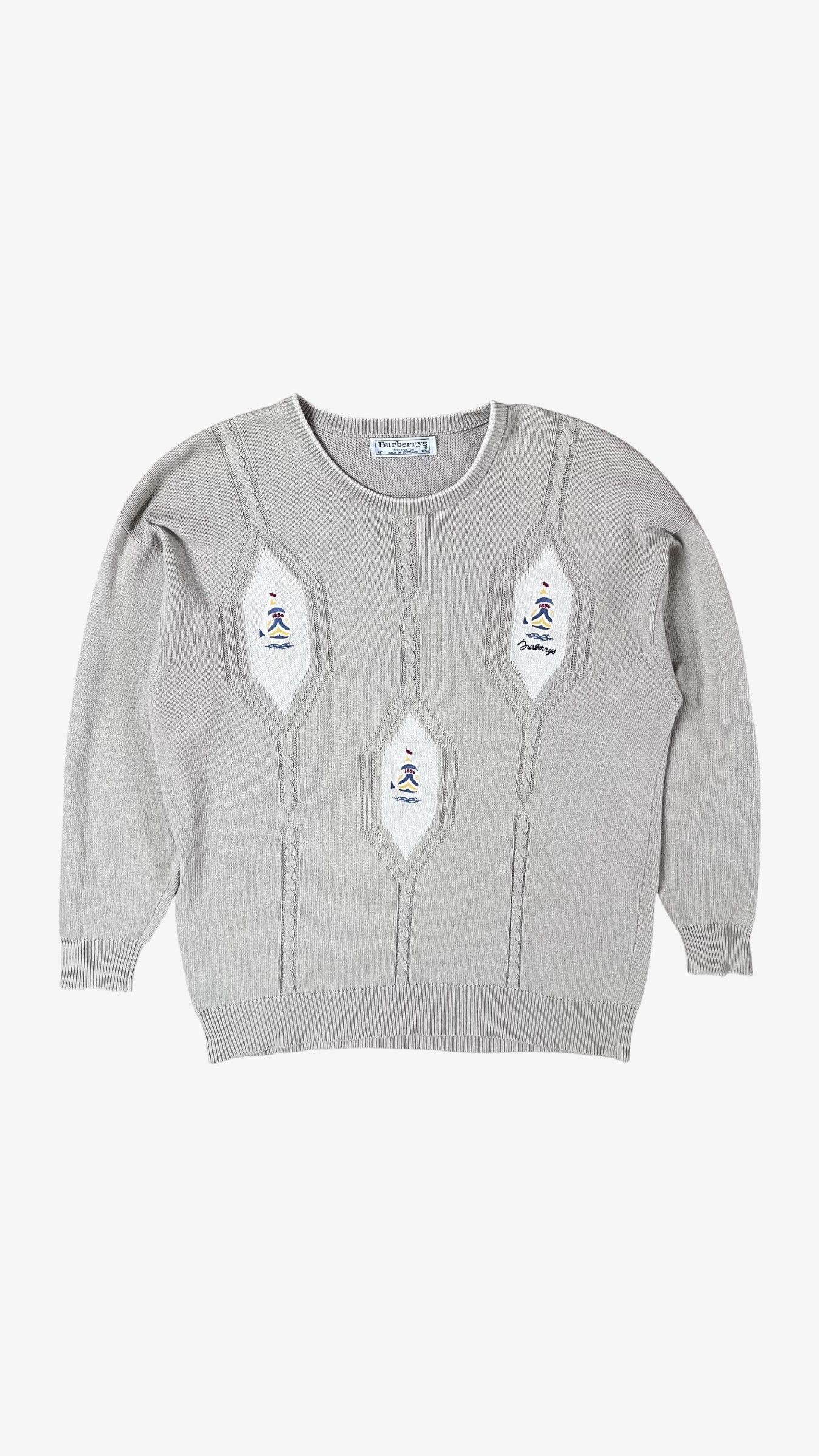 Burberry Vintage 80s Men's Burberry Cable Knit Beige Jumper Size US XL / EU 56 / 4 - 1 Thumbnail