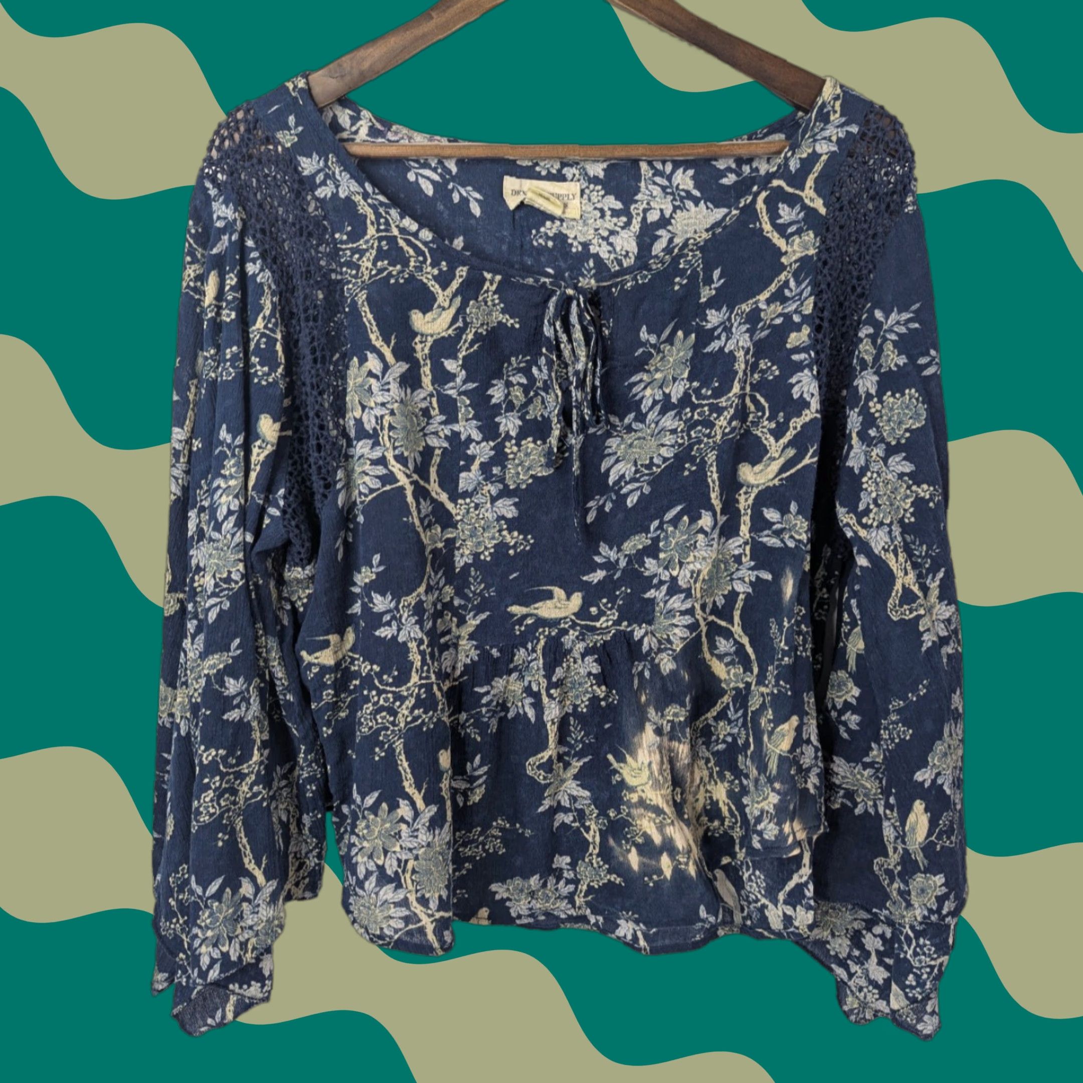 Vintage DENIM & SUPPLY Top Navy Floral Crochet Slit Sleeve Peasant Boho Blouse M Womens Size M / US 6-8 / IT 42-44 - 1 Thumbnail