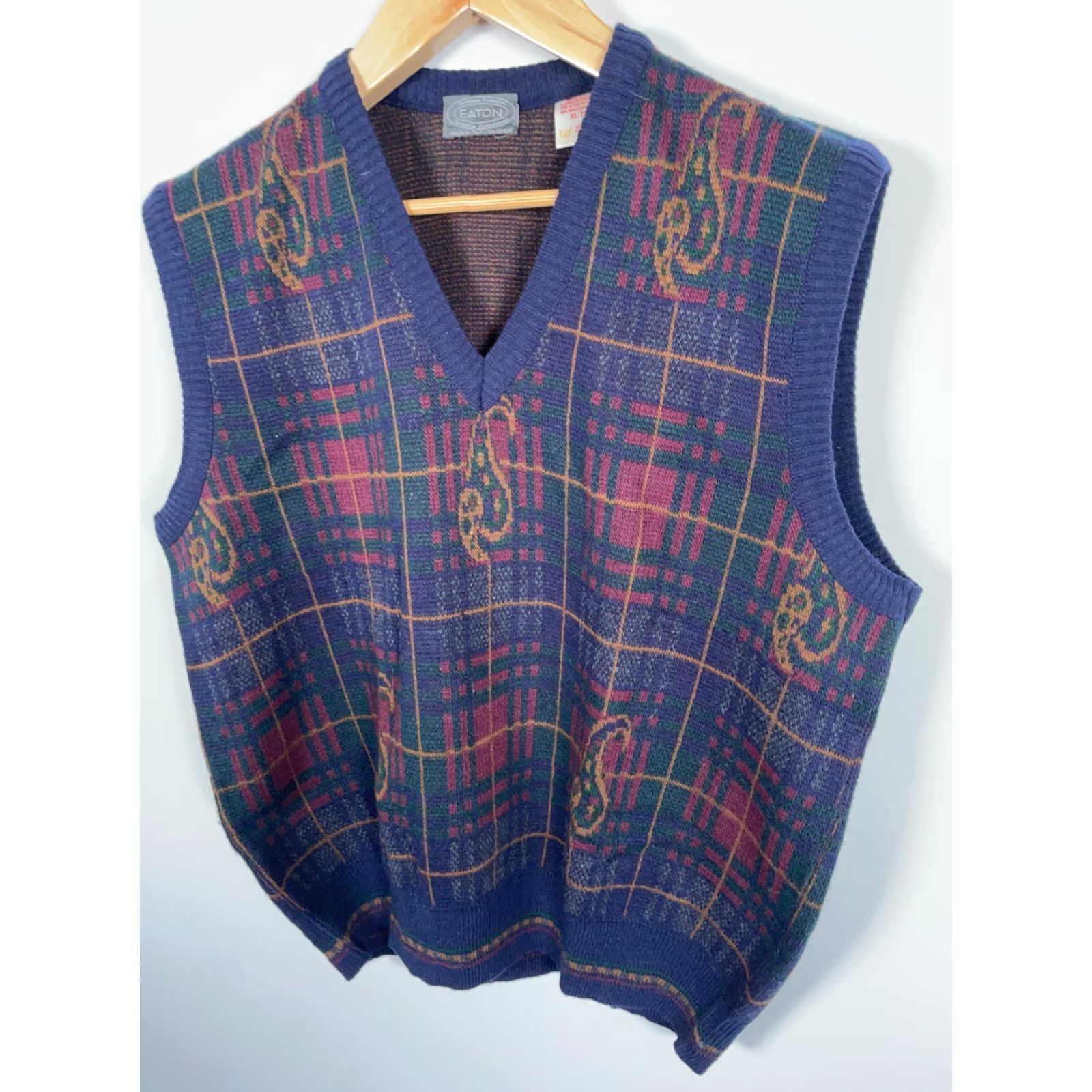 Vintage VINTAGE Eaton Plaid Paisley Sweater Vest Men XL Blue Italy Knit Wool Blend Size US XL / EU 56 / 4 - 7 Thumbnail