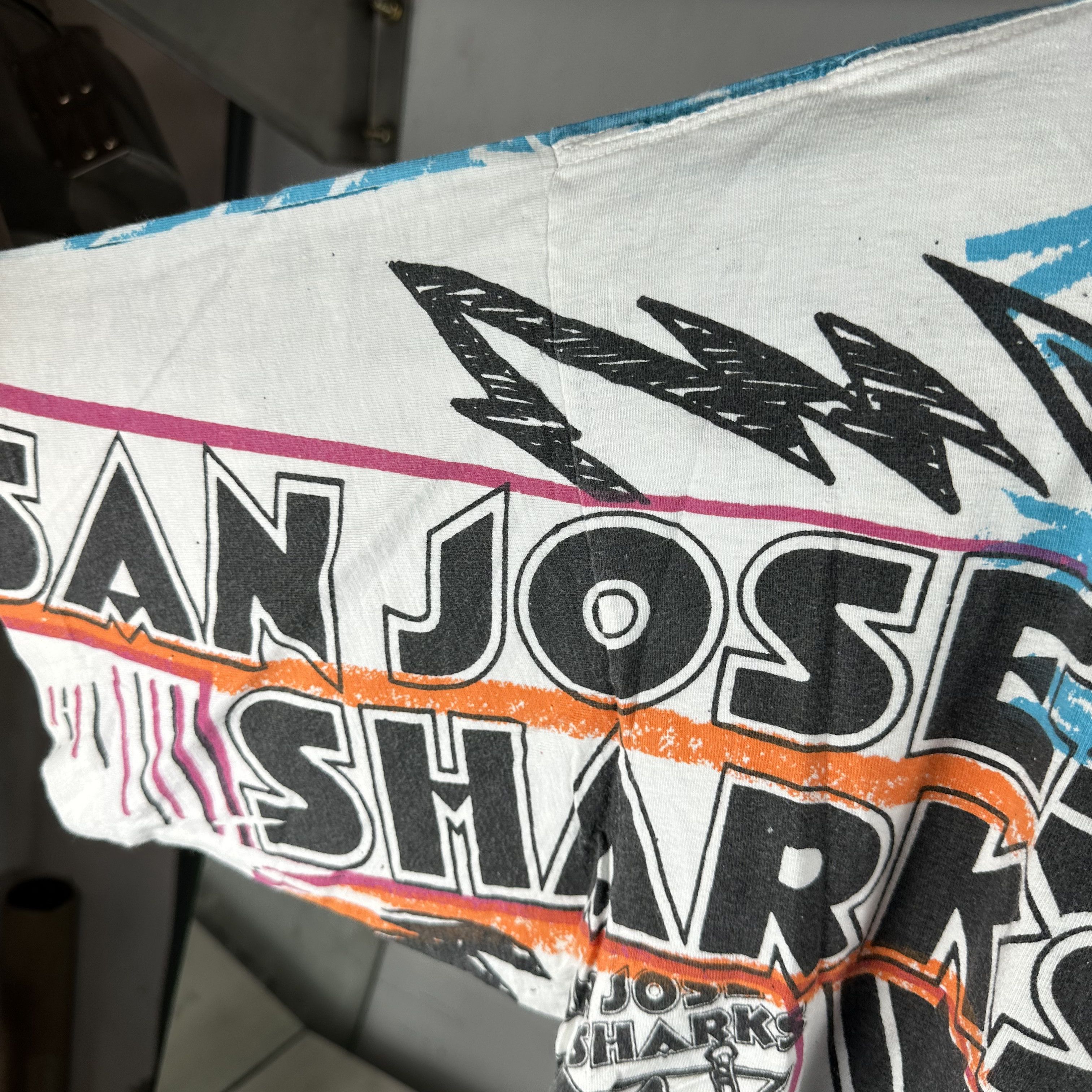 Vintage 1991 San Jose Sharks Hockey NHL AOP Single Stitch T-Shirt Size US L / EU 52-54 / 3 - 5 Thumbnail