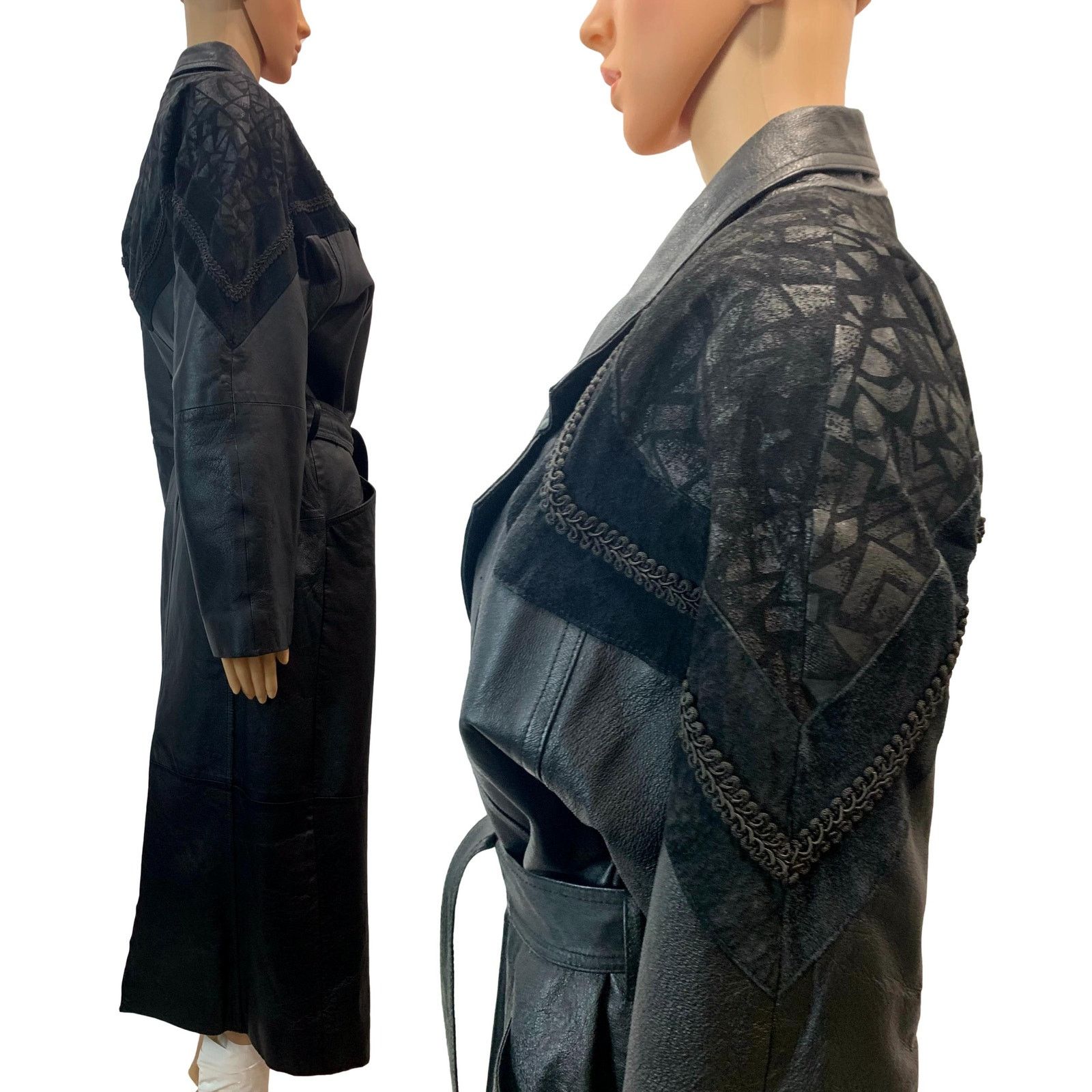 Vintage 90s BLACK Leather & Suede Maxi Trench Coat w Belt | Sm Size S / US 4 / IT 40 - 5 Thumbnail