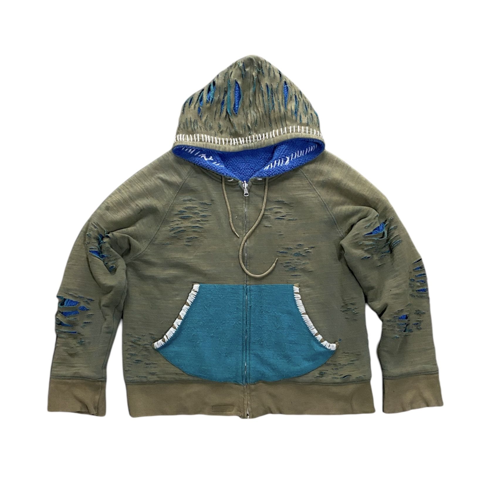 image of 14Th Addiction x If Six Was Nine Logic - Japnese Crazy Distressed Zipper Hoodis in Green Blue (Size
