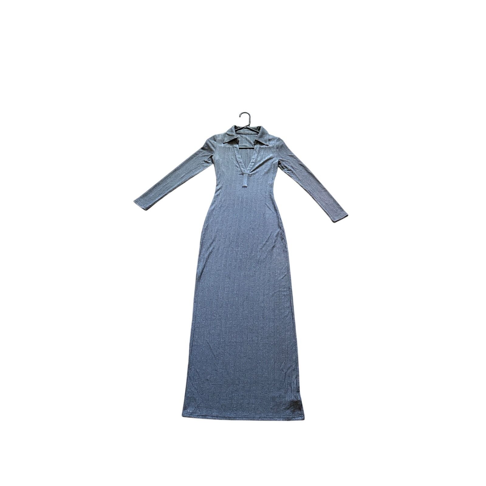 Other Micas Gray V-Neck Long Sleeve Collared Bodycon Long Dress Size S / US 4 / IT 40 - 4 Thumbnail