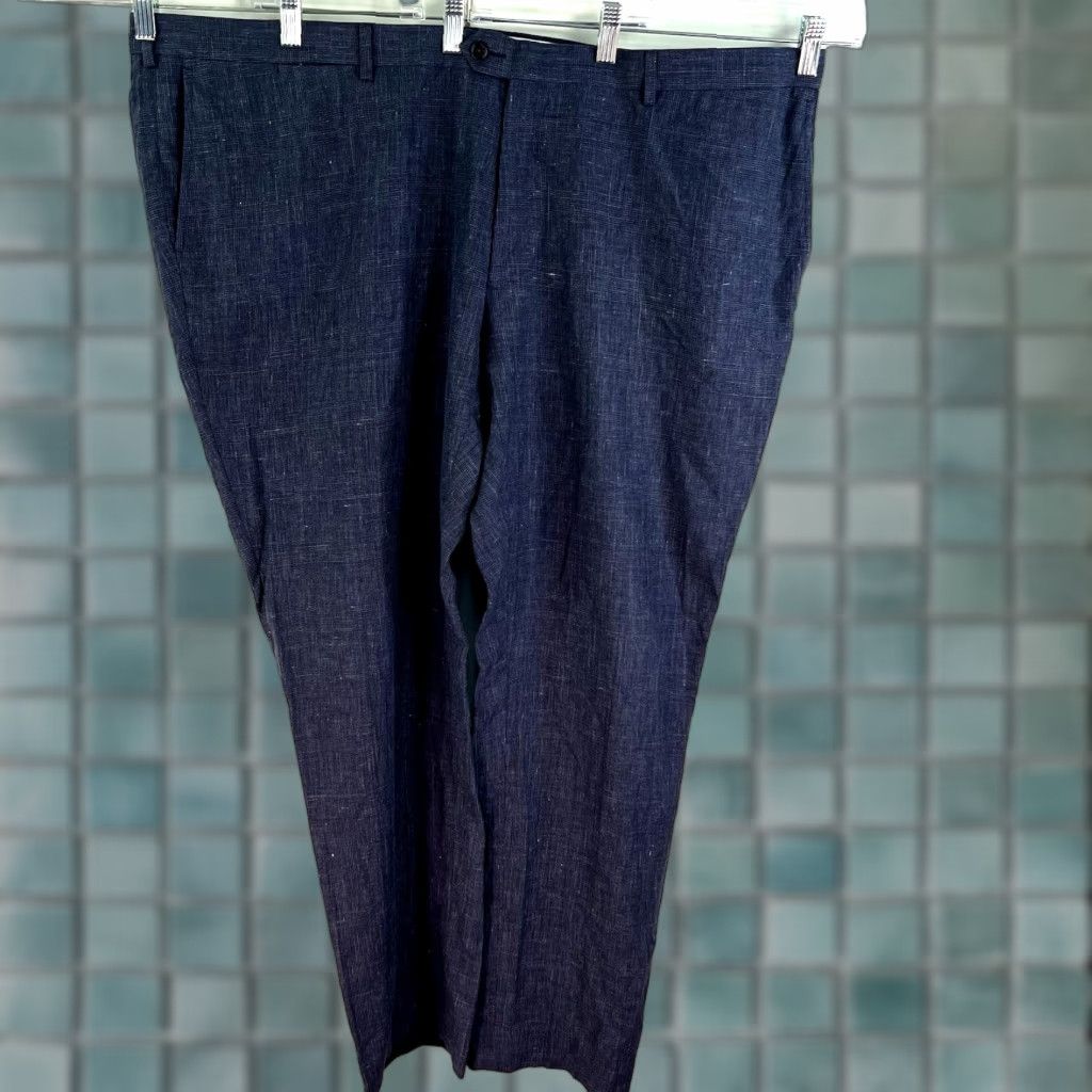 VINTAGE Proper Cloth Drago Faded Navy Wool Linen Glen Plaid Dress