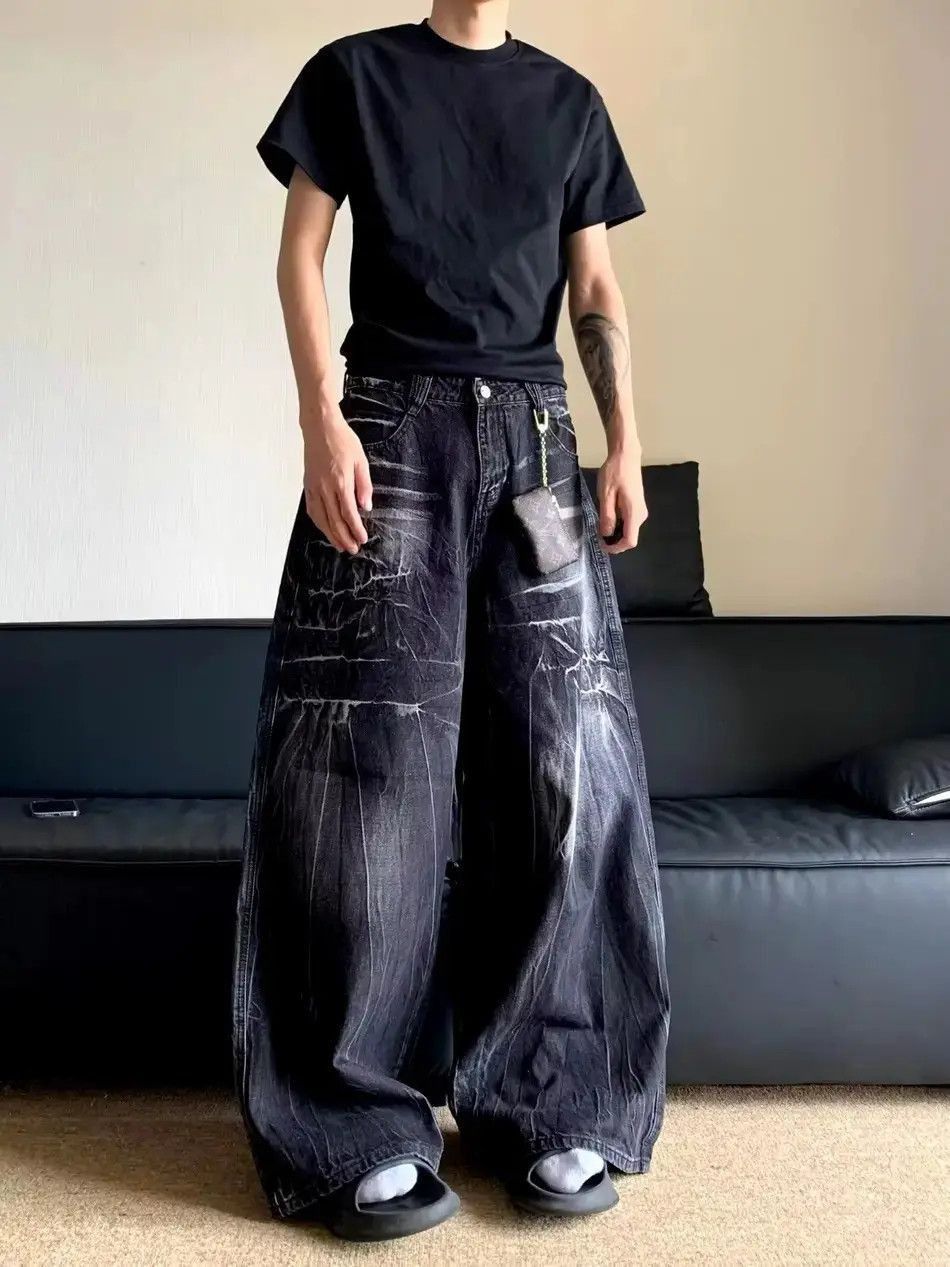 Japanese Brand Vintage washed and distressed graffiti stripe baggy jeans Size US 34 / EU 50 - 5 Thumbnail