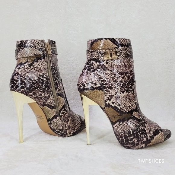 Other Adamarys Brown Snake Print Open Toe Ankle Boots Gold Slim St Size US 11 / IT 41 - 6 Thumbnail