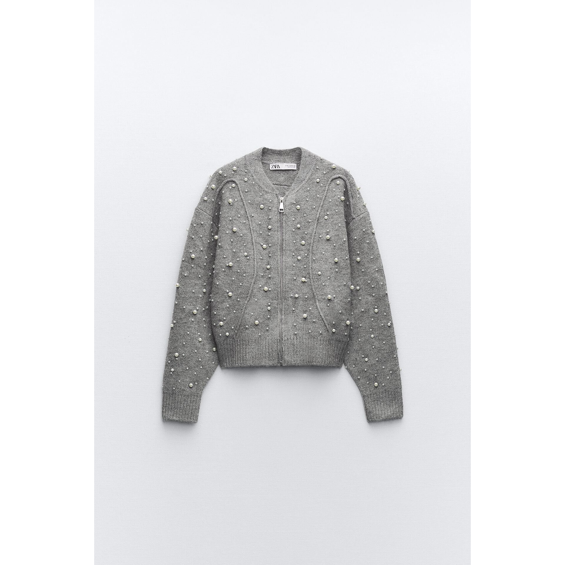 Zara Zara Grey Pearl-Embellished Bomber Zip Cardigan Size S / US 4 / IT 40 - 6 Thumbnail