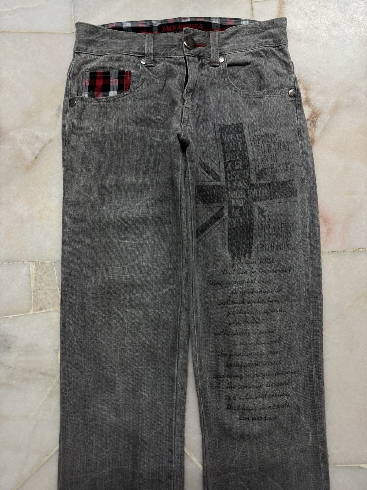 Designer 💥Flare💥90s Jack Serika Punk Jeans Script Logo Faded Distress Size US 28 / EU 44 - 3 Thumbnail