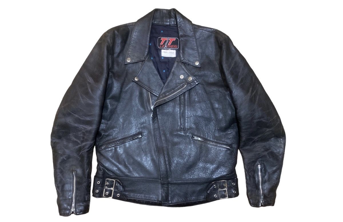 image of Genuine Leather x Leather Jacket Vintage 80's Tt Leathers Distressed Biker Jacket Cafe Racer in Bla
