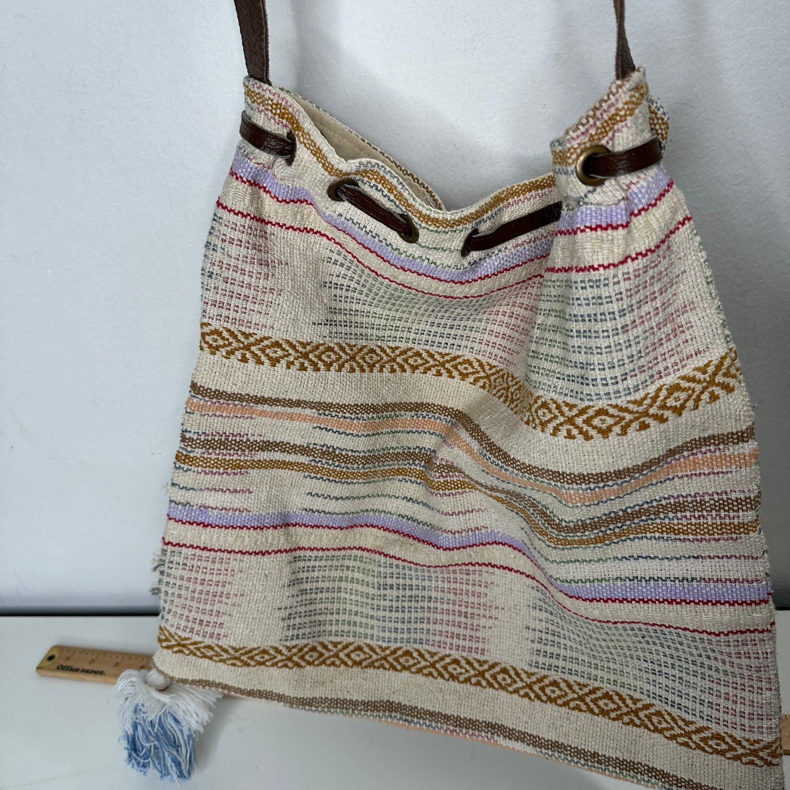 Other Lovestitch Tan Multicolor Striped Canvas Boho Bag Drawstring Size ONE SIZE - 10 Thumbnail