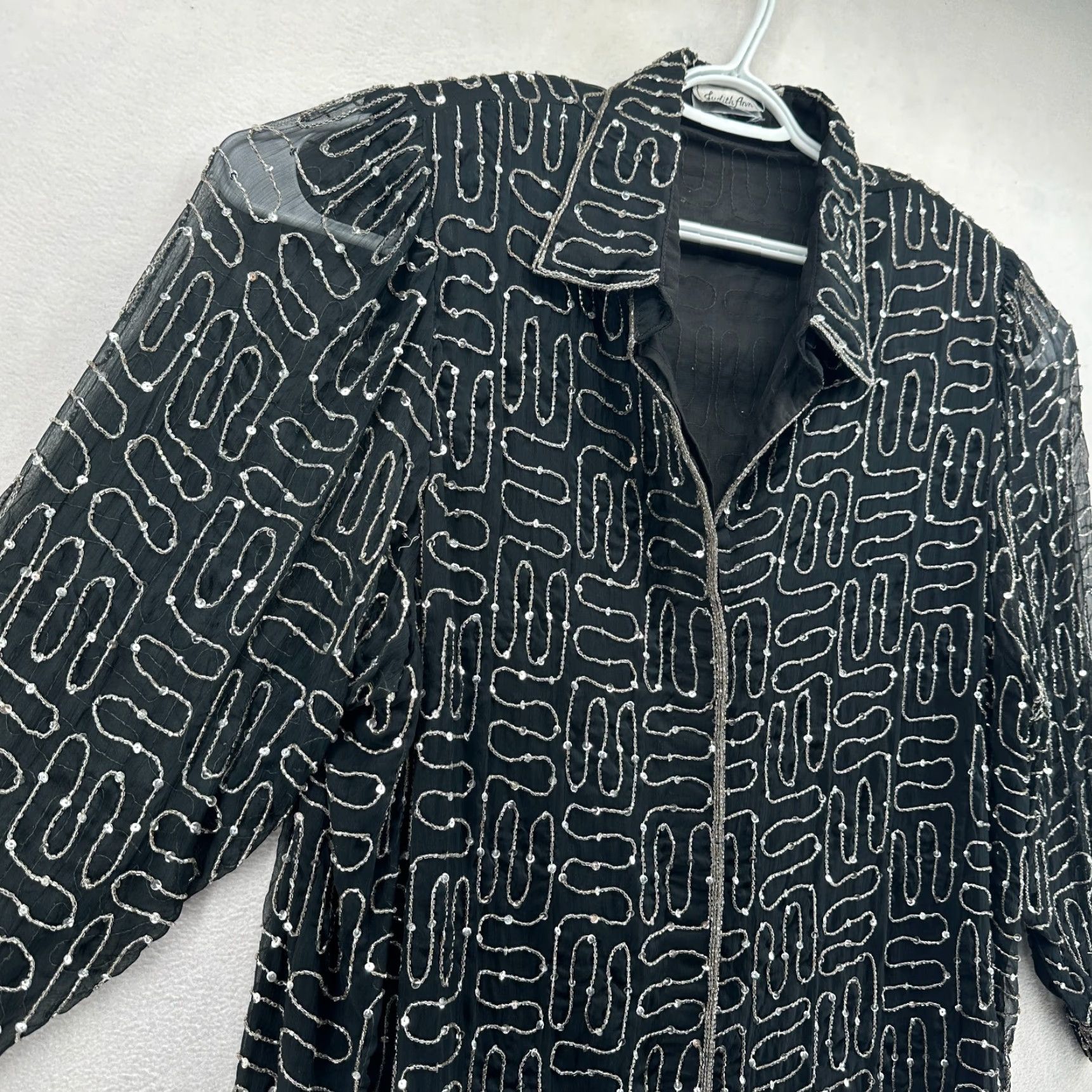 Vintage Judith Ann Black Beaded Blouse Top Womens Collared Button Front Long Sleeve Regular Size L - Casual Formal Shirt Shirt Size L / US 10 / IT 46 - 3 Thumbnail
