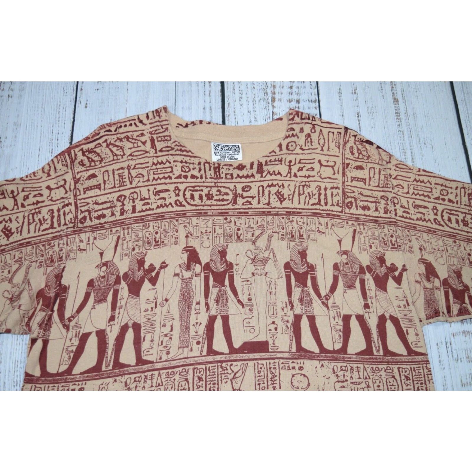 Gloverall VINTAGE 90s WILDWOOD PRODUCTIONS Egyptian Hieroglyphics All Over Print Cotton T-Shirt L Unisex Adults Size US L / EU 52-54 / 3 - 2 Thumbnail