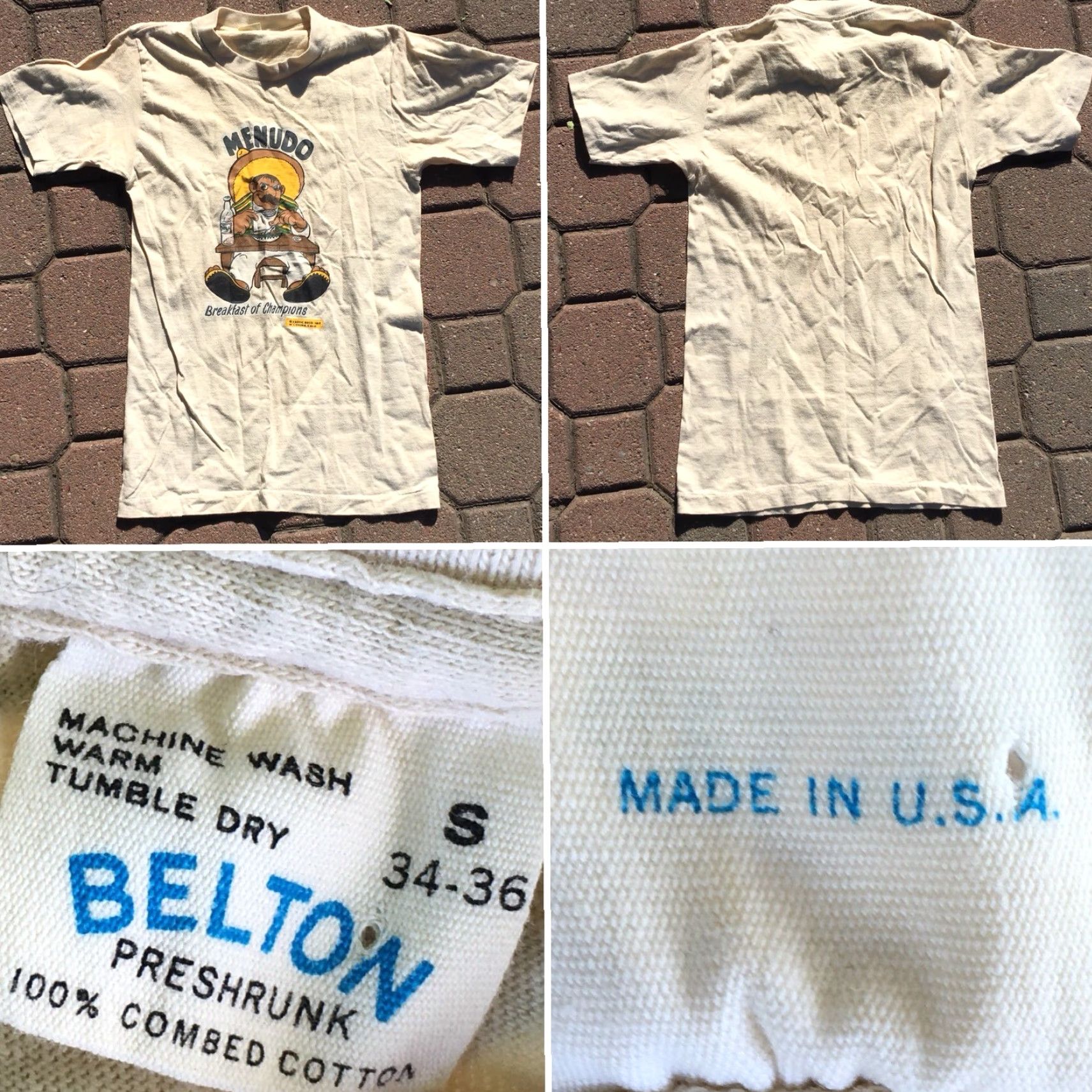 Champion VINTAGE Belton Menudo Breakfast of Champions T-Shirt S Short Sleeve Beige 1970s Mens Graphic Tee USA Size US S / EU 44-46 / 1 - 4 Thumbnail