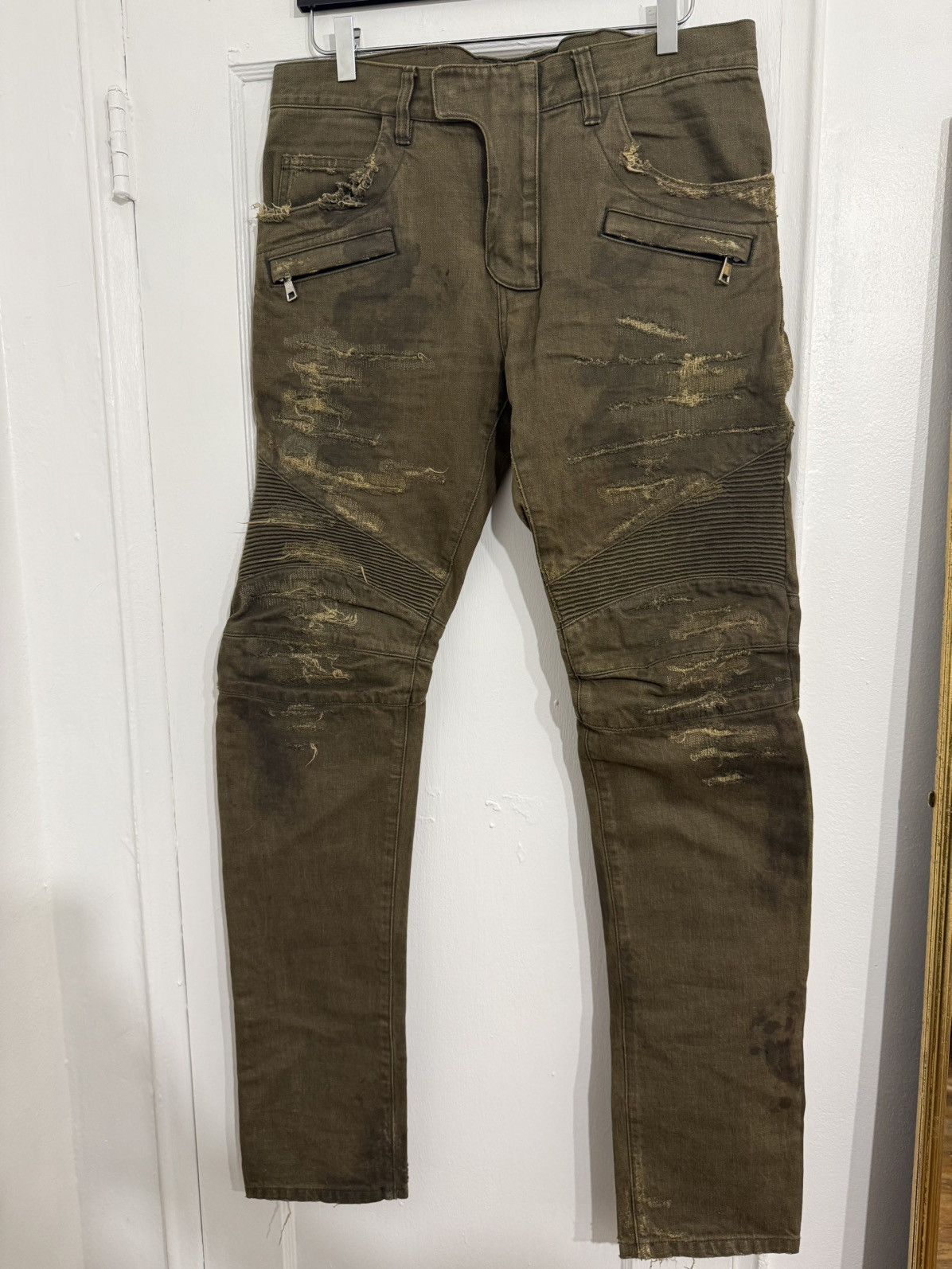 Balmain Olive Distressed Bikers *RARE* Size US 32 / EU 48 - 1 Thumbnail