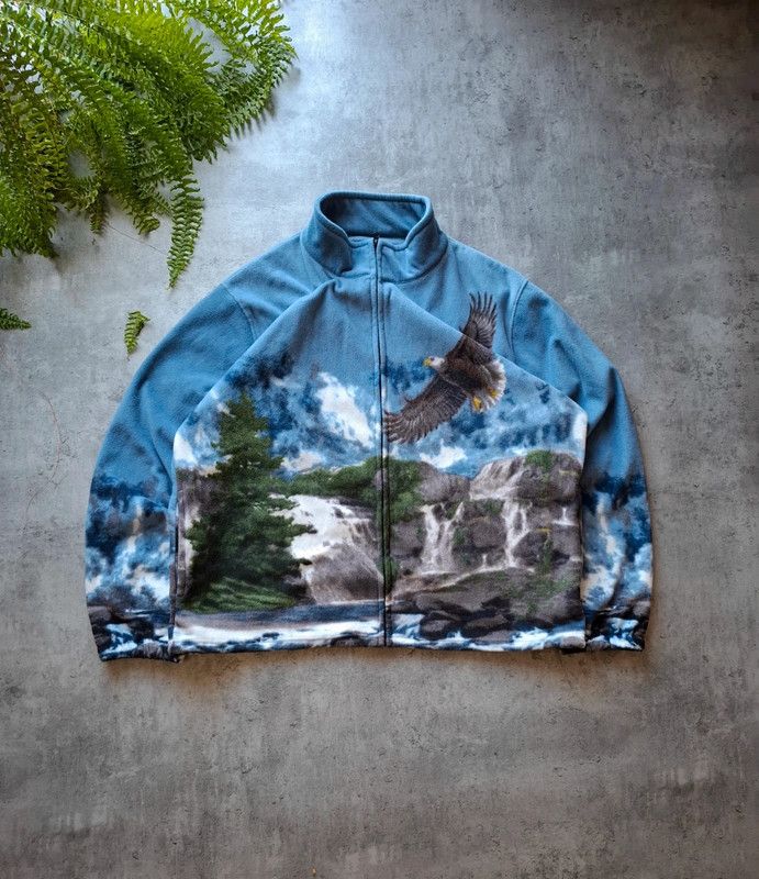 Vintage 90s Abstract Nature Animal Print Fleece Jacket eagle forest Size US XXL / EU 58 / 5 - 1 Thumbnail