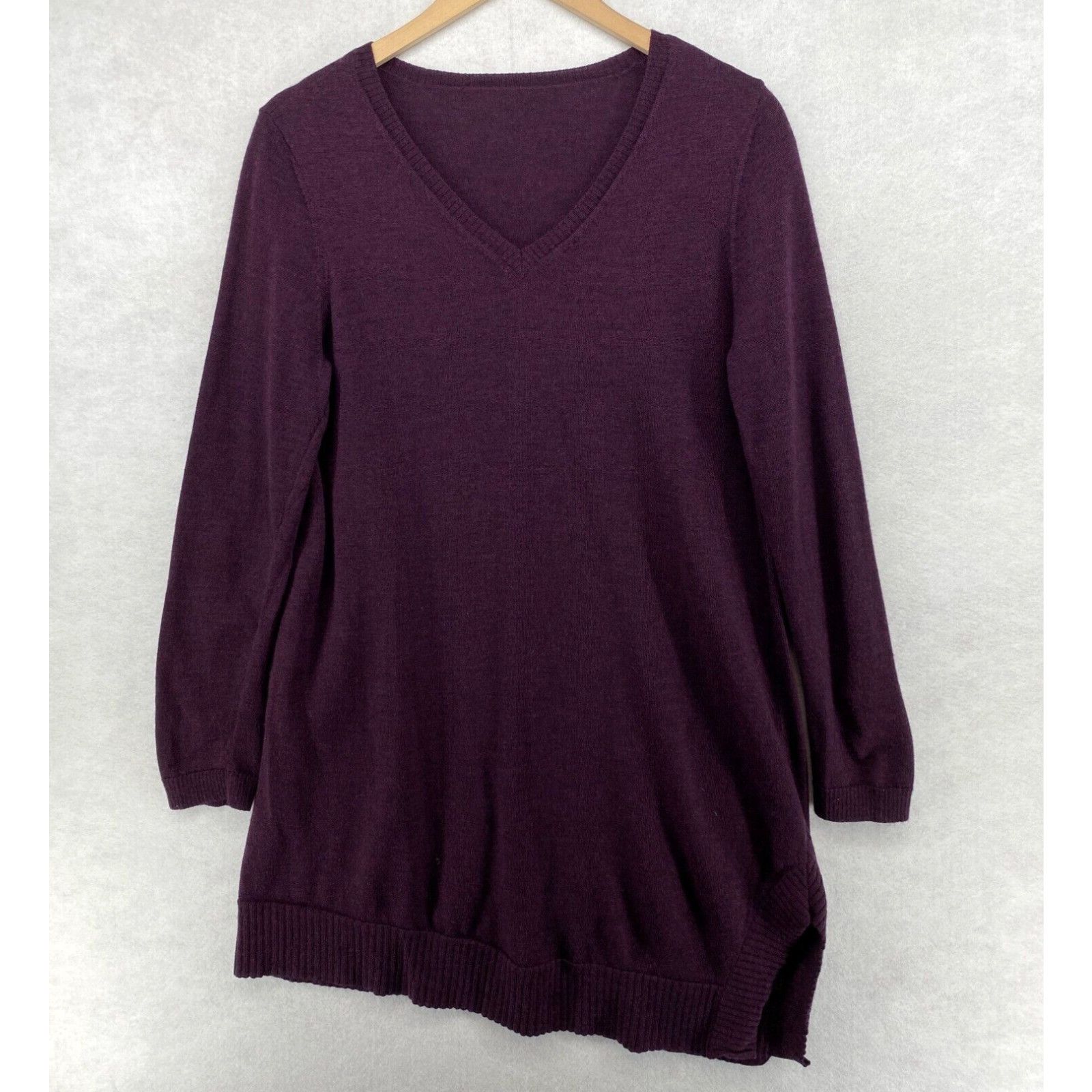image of Eileen Fisher Sweater Dress S Merino Wool Knit V-Neck Asymmetrical Purple in White, Women's (Size S
