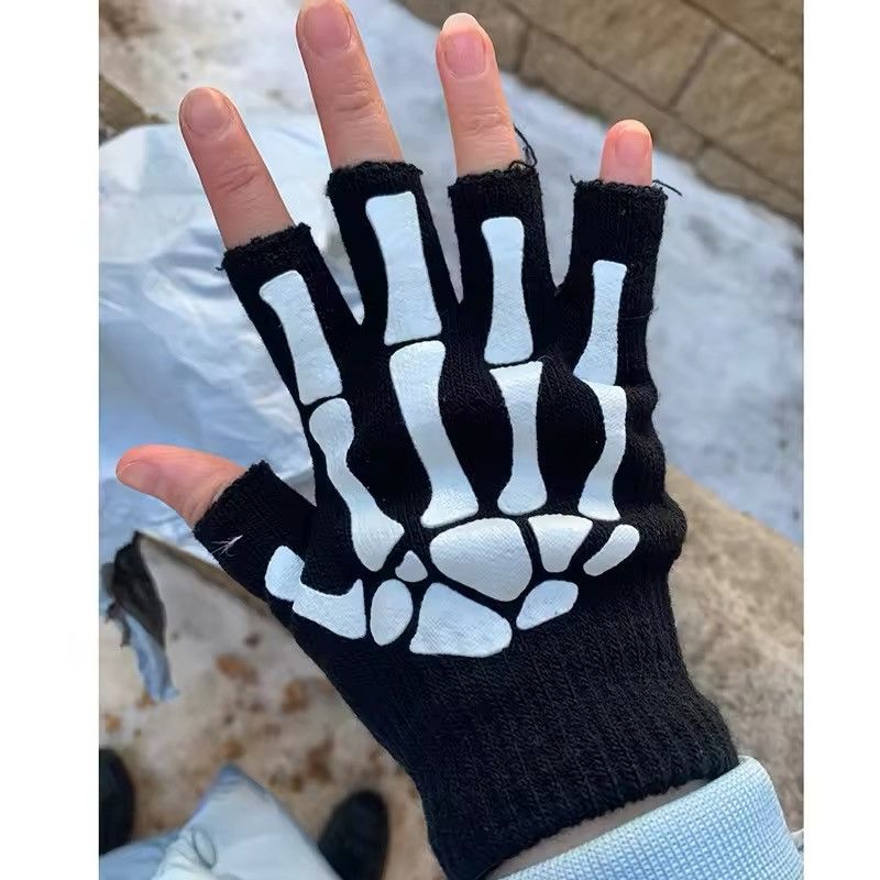 Japanese Brand Punk Skeleton Skull Half Finger Gloves Size ONE SIZE - 5 Thumbnail