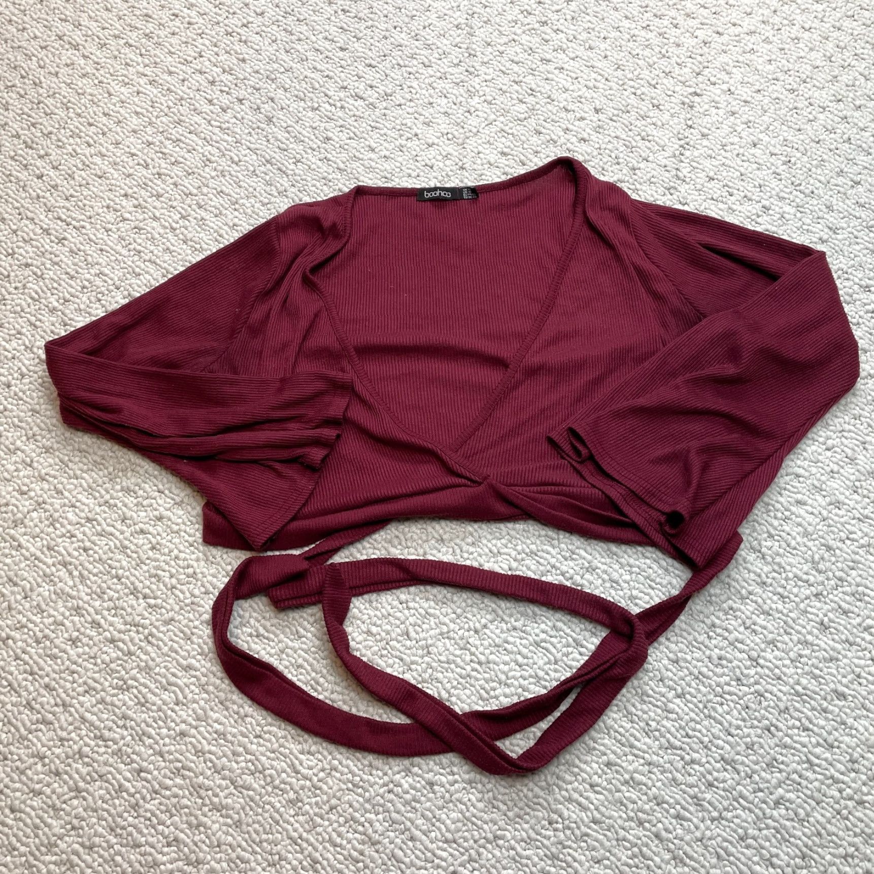 Boohoo VINTAGE Boohoo Blouse Shirt Womens 10 Red Ribbed Tie Waist Long Sleeve Wrap Jacket Solid Size L / US 10 / IT 46 - 2 Thumbnail