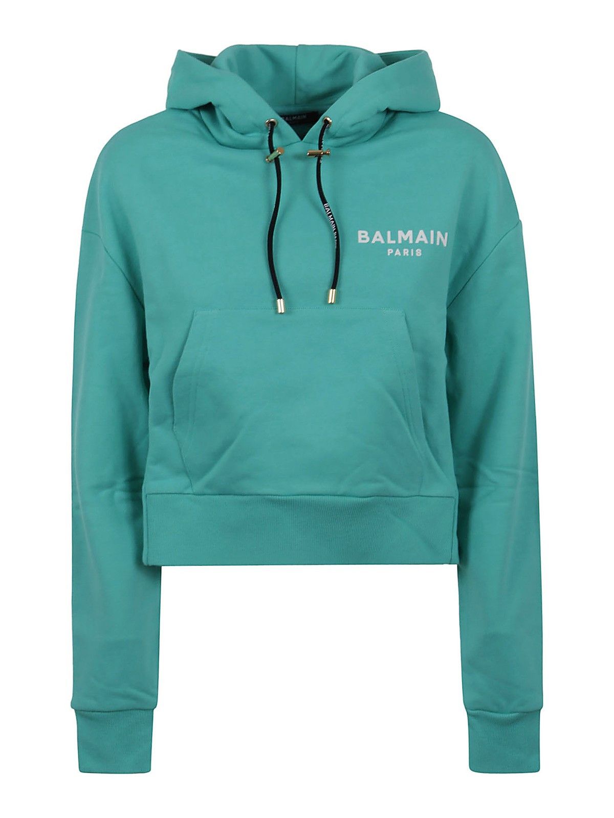 image of Balmain O1Srvl11E0524 Logo Cotton Hoodie In Green, Women's (Size XS)