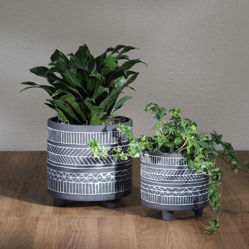 Designer × Homemade S/2 TRIBAL LOOK FOOTED PLANTER 6/8", BLACK Size US L / EU 52-54 / 3 - 8 Thumbnail